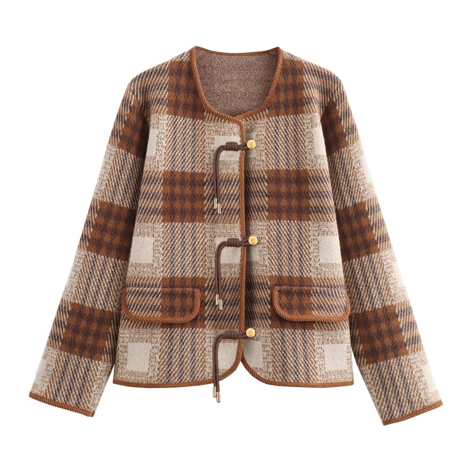 KEOMUD Women Vintage Cardigan Sweater Plaid Knit Jacket with Pockets Elegant Casual Outwear Coat for Fall Winter