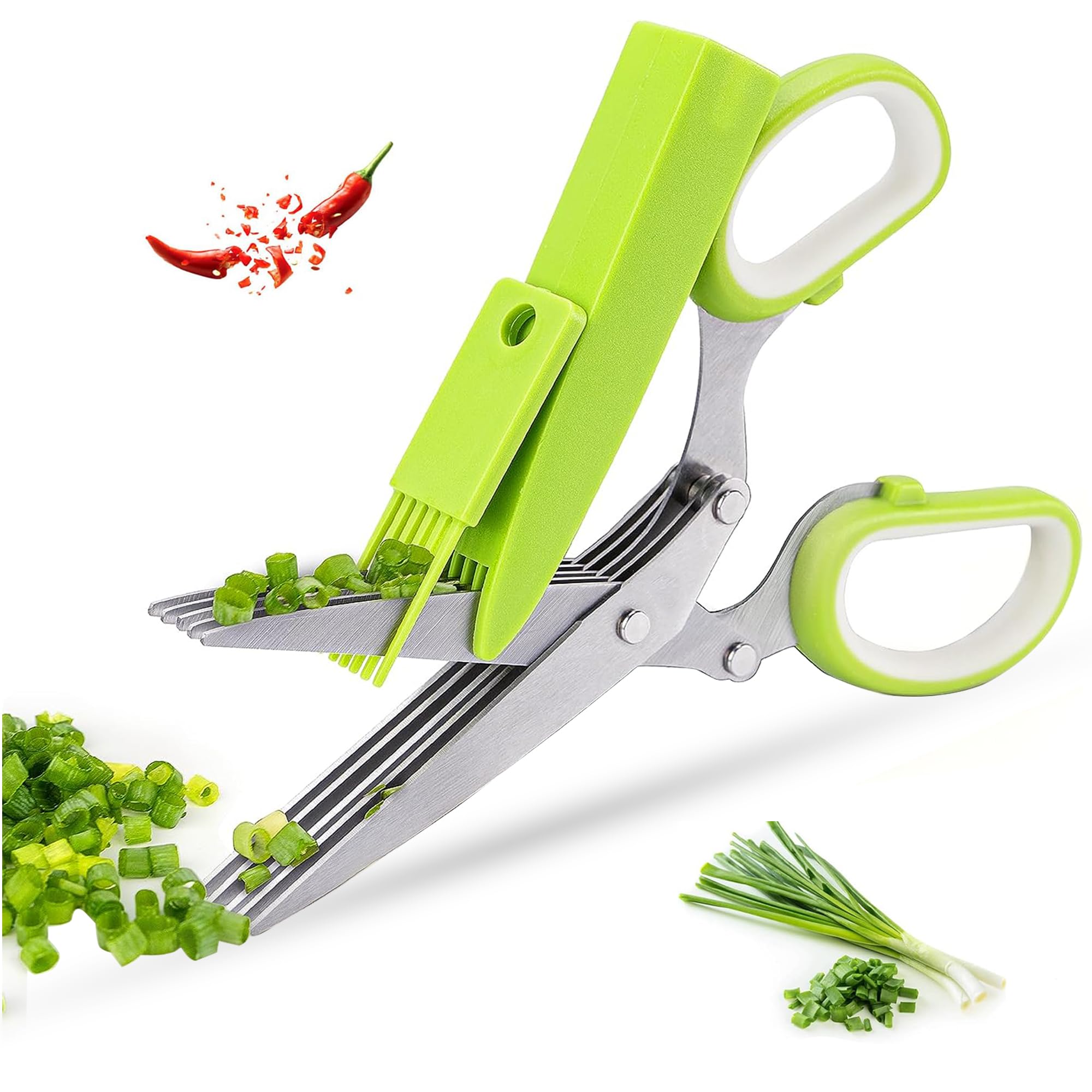 Herb Scissors,5-Blade Stainless Steel Kitchen with Safety Cover and Cleaning Comb for Herbs, Basil,Chopping Chives, Parsley
