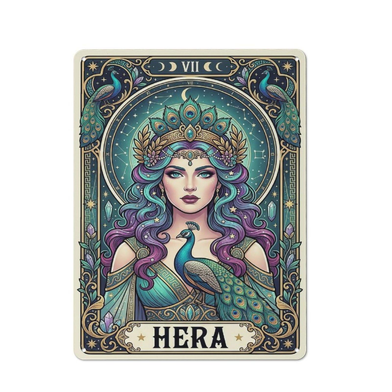 Junmoney Style Vintage Decorative Tin Plaque 40X30cm Featuring Hera Goddess With Peacock, Home Wall Decor For Bedroom, Kitchen, Office Or Living Room