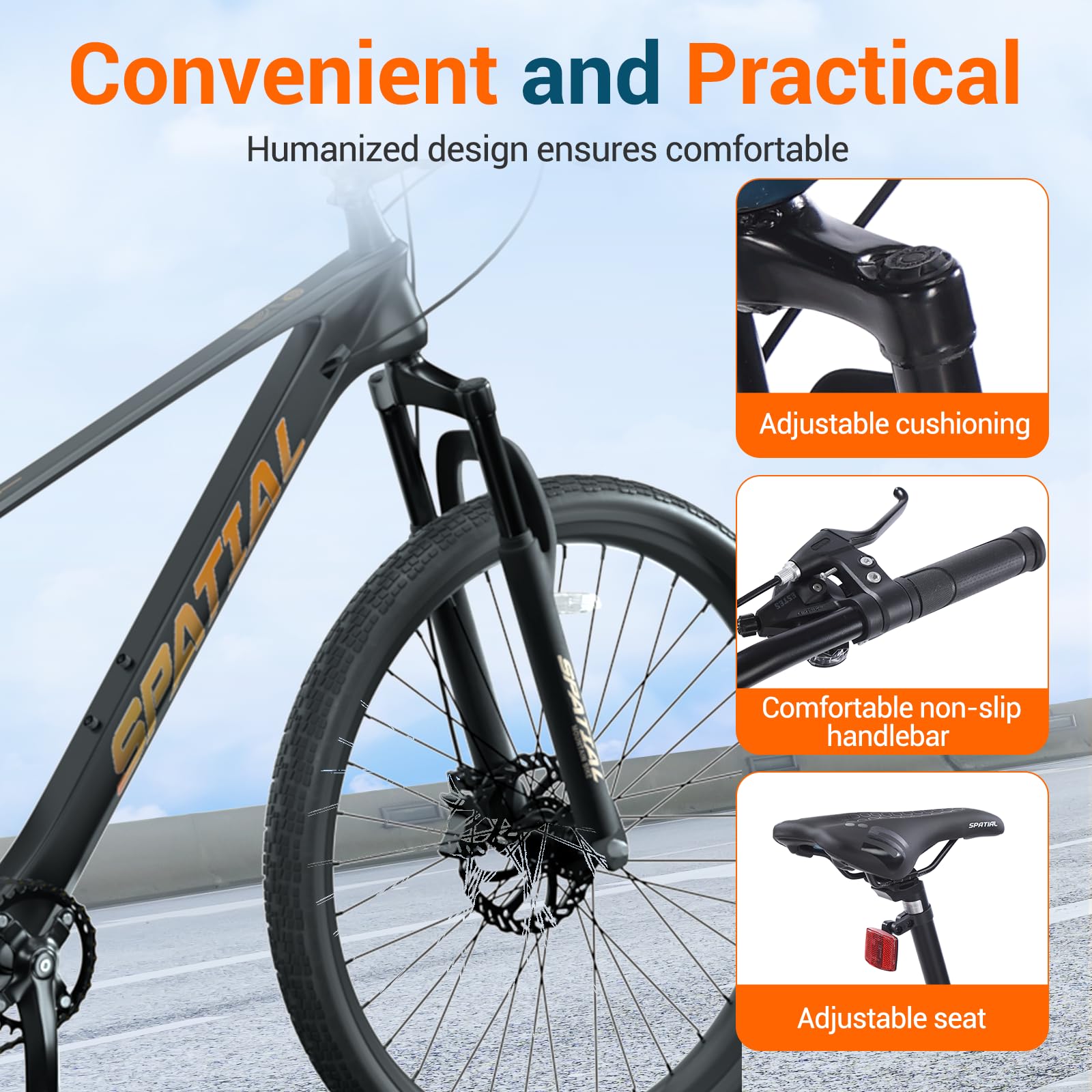 SPATIAL MTB Bicicleta de Montaña para Adultos y Jóvenes - 29/27,5/26/24 Pulgadas, 8/21 Velocidades, Frenos de Disco Mecánicos Dobles, Cuadro de Aluminio, Suspensión Delantera, Asiento Ajustable