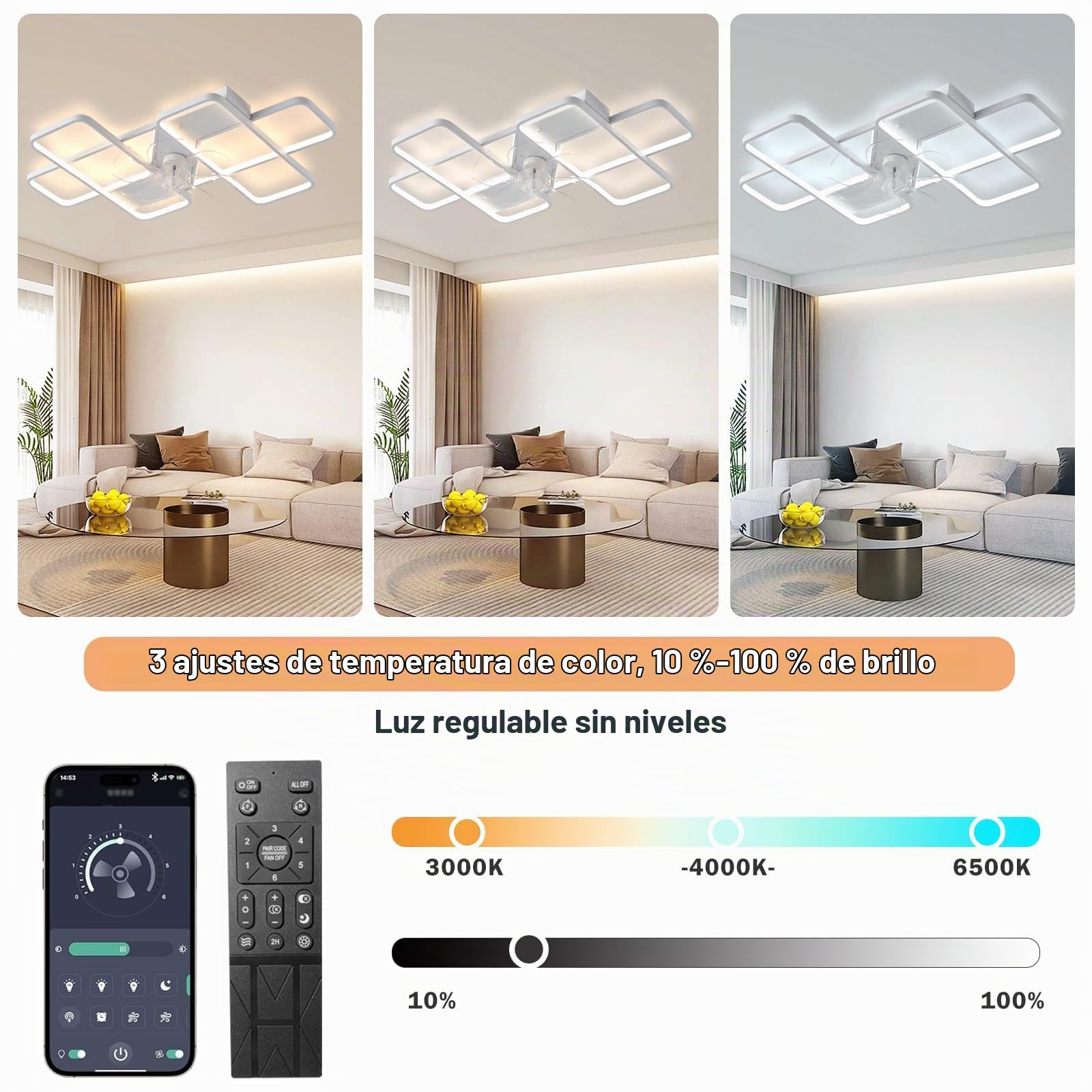MiiR Ventilador De Techo Con Luz, LED 85W Ventilador De Techo Con Control Remoto Luz Silenciosa Con Ventilador Lámpara De Techo Regulable De 6 Velocidades Para Sala De Estar Dormitorio Blanco 90cm