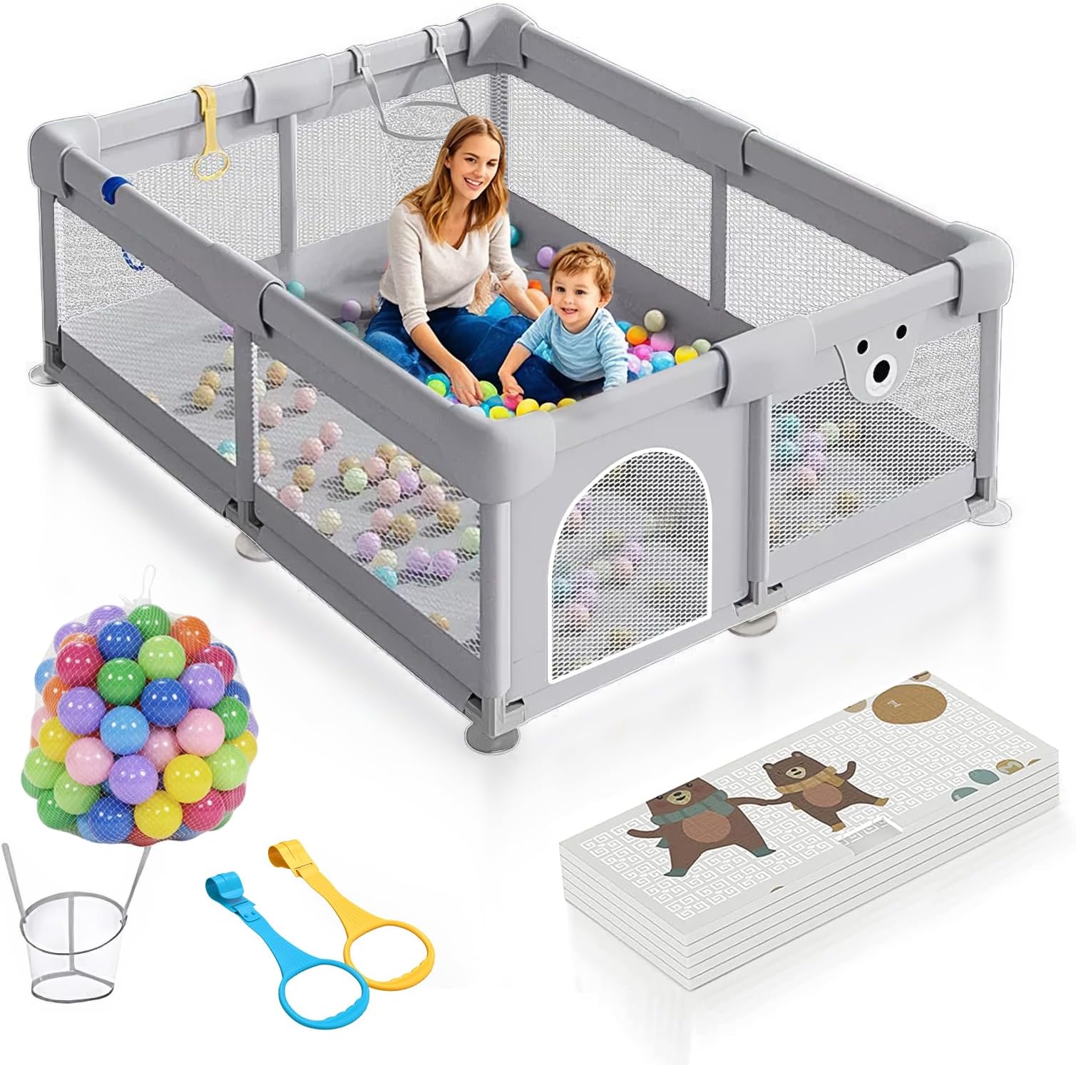 Wemart Baby Playpen,200 * 180cm for Toddlers, with Door and Suction Cup, Baby Safe Activity Center, Large Playpen, Baby Bumper Foam with Breathable Mesh (With Play Mat)