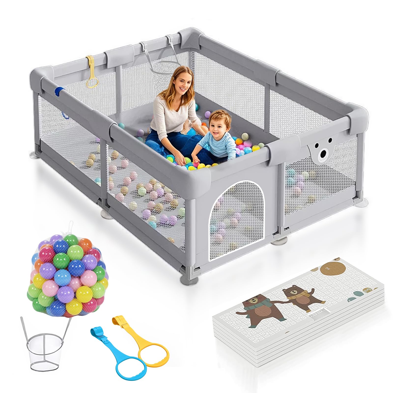 Wemart Baby Playpen,200 * 180cm for Toddlers, with Door and Suction Cup, Baby Safe Activity Center, Large Playpen, Baby Bumper Foam with Breathable Mesh (With Play Mat)