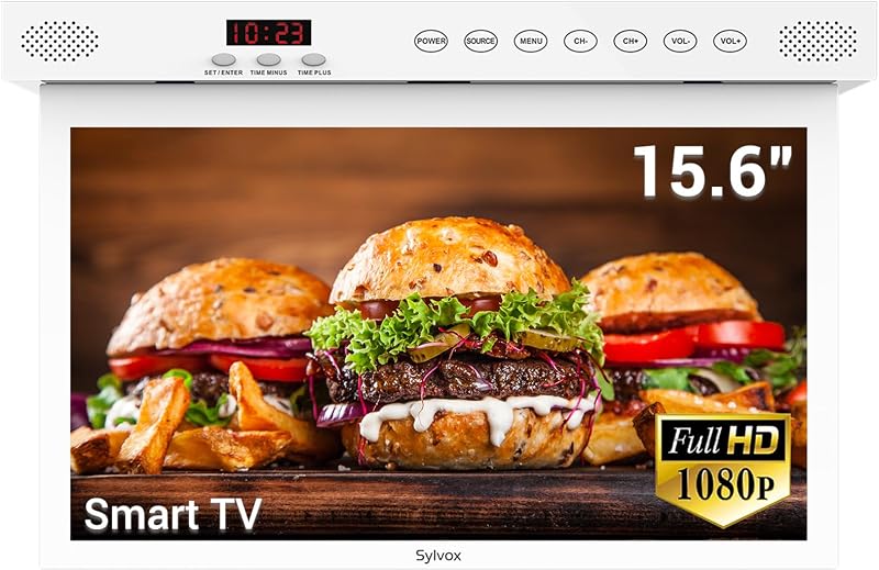 SYLVOX Kitchen TV,15.6 inch Under Cabinet TV, Televison for Kitchen, Smart TV Built-in APP Store, Support WiFi Bluetooth, 1080P Small TV for RV Camper, Bedroom, Boat