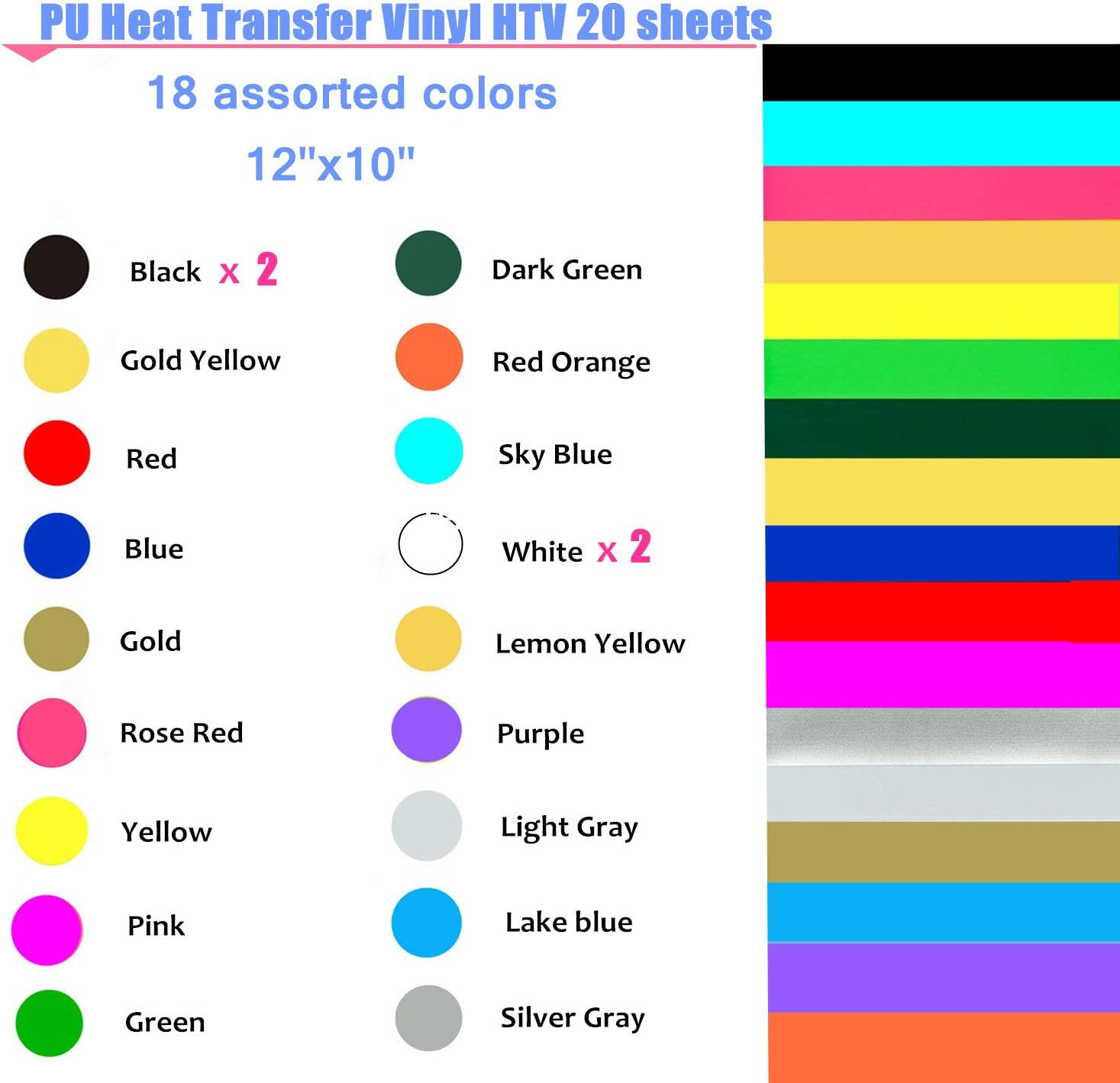 MeCamping PU Heat Transfer Vinyl HTV, 12" x 10" - 20 Sheets Assorted Colors Bundle, Iron On Vinyl for T Shirts, Hats, Clothing Heavy Duty Vinyl for Silhouette Cameo Heat Press Machine Tool