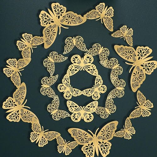 Vista 3 de FOMTOR Papel de decoración de pared de mariposa 3D, mariposas doradas, decoración de pasteles de mariposa para decoración de tartas, decoración