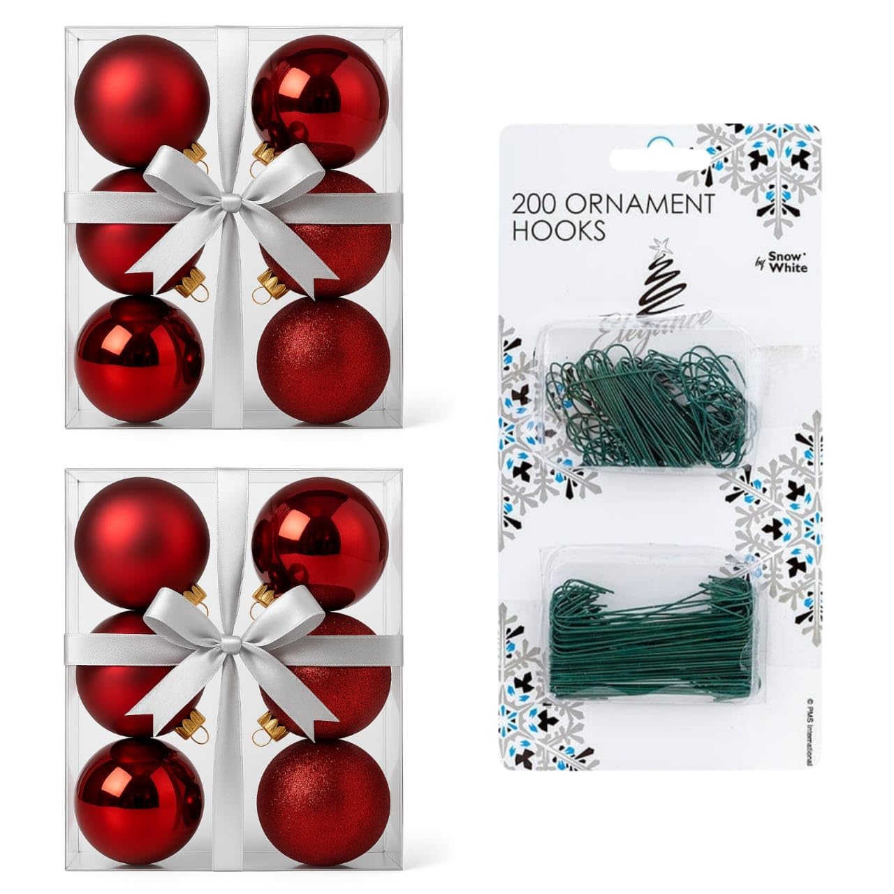 6CM/3CM 12 Pcs with 200 Bauble Hooks Christmas Tree Baubles Multiple Variation in Red | Shatterproof Glitter Christmas Baubles | Elegant Hanging Ornament Balls for Xmas Tree & Festive Holiday Décor.