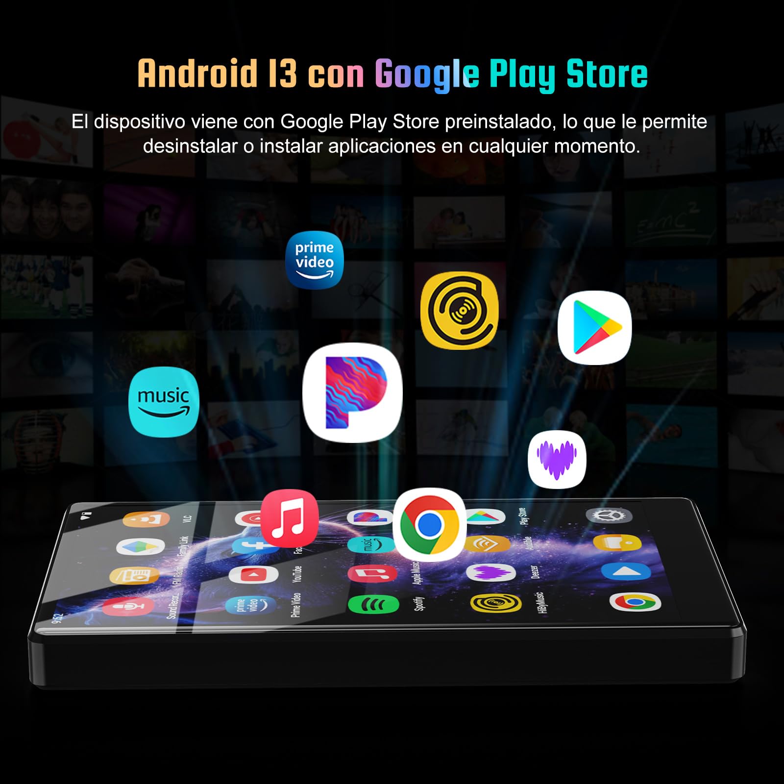 96 GB Reproductor MP3 de con Sistema operativo Android 13, Reproductor MP3 de 5" con Bluetooth y WiFi, Reproductor MP4 HD 1080P, Reproductor de música con Spotify, Audible y Play Store