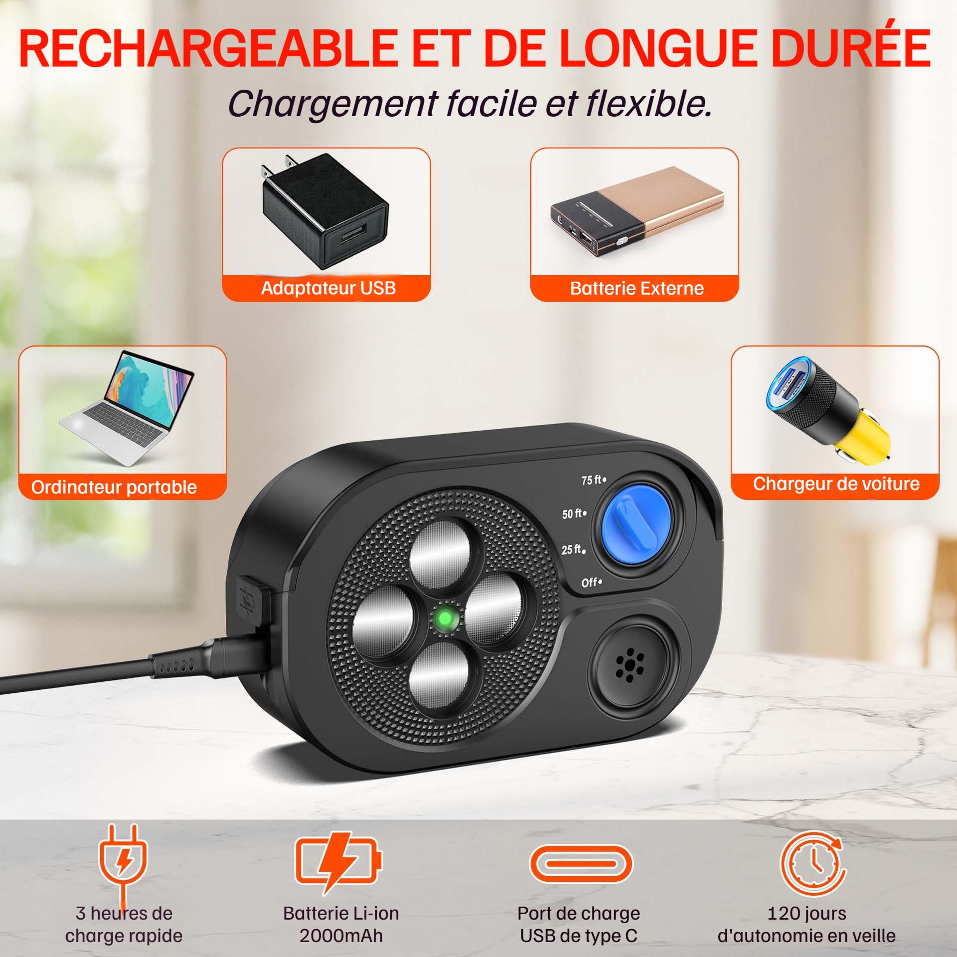 Répulseur de Chien à Ultrasons, Anti-Aboiement, 3 Modes Réglables, Portée 20m, Batterie 2000mAh Rechargeable USB-C, IP65, Noir