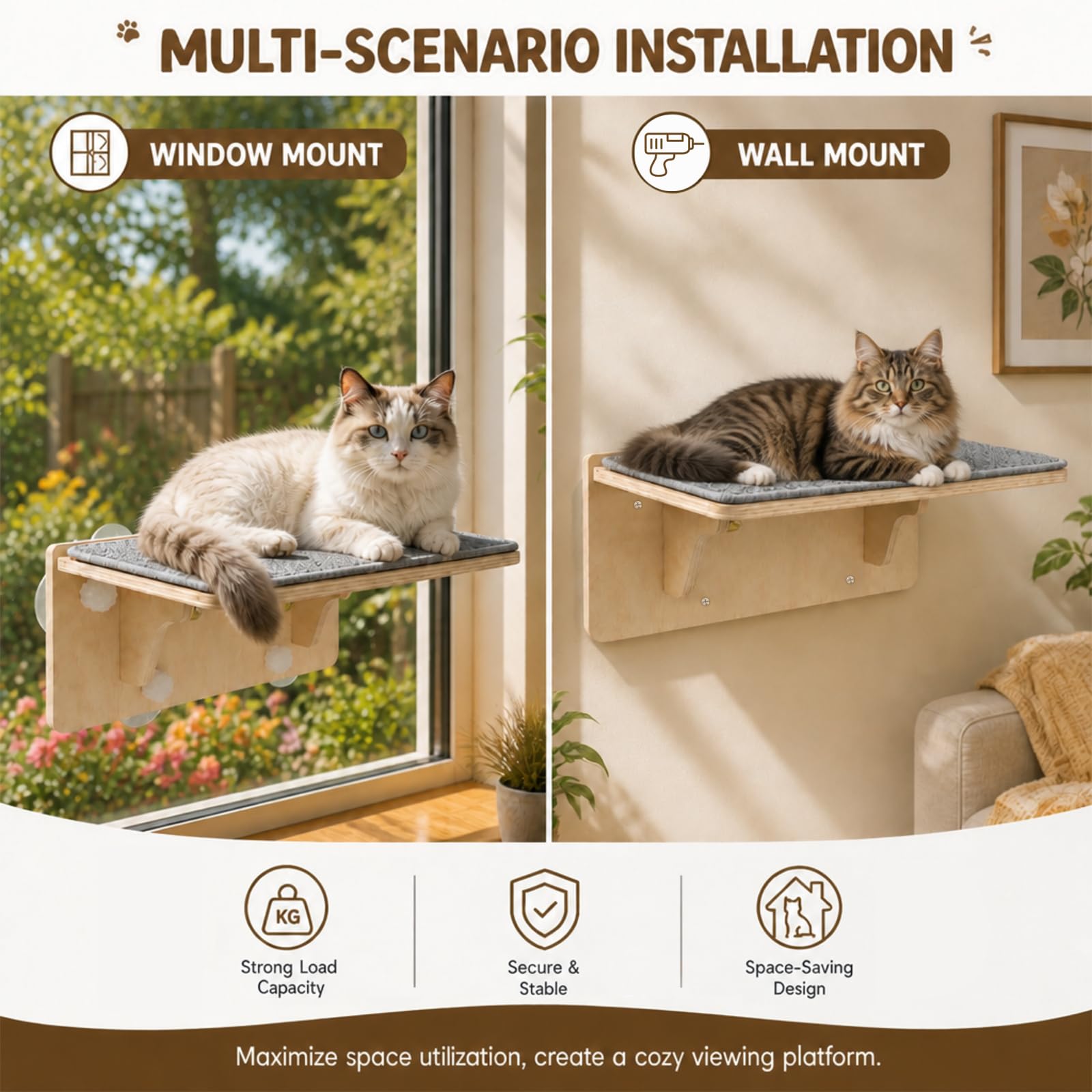 Katzen Fensterliege, Faltbare Katzenhängematte für Fenster, Katzenbett Fenster mit Starke Saugnäpfe, Katzenschaukel mit Abnehmbarem, Waschbarem Filzunterlage für Hauskatzen