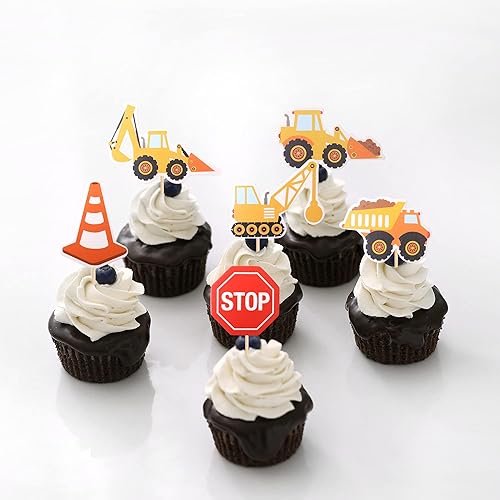 Miniatura 4 de 24 piezas de tractor de excavadora Oh Baby Cupcake Toppers Glitter Oh Baby Truck Construcción Cupcake Picks para temática de construcción, baby