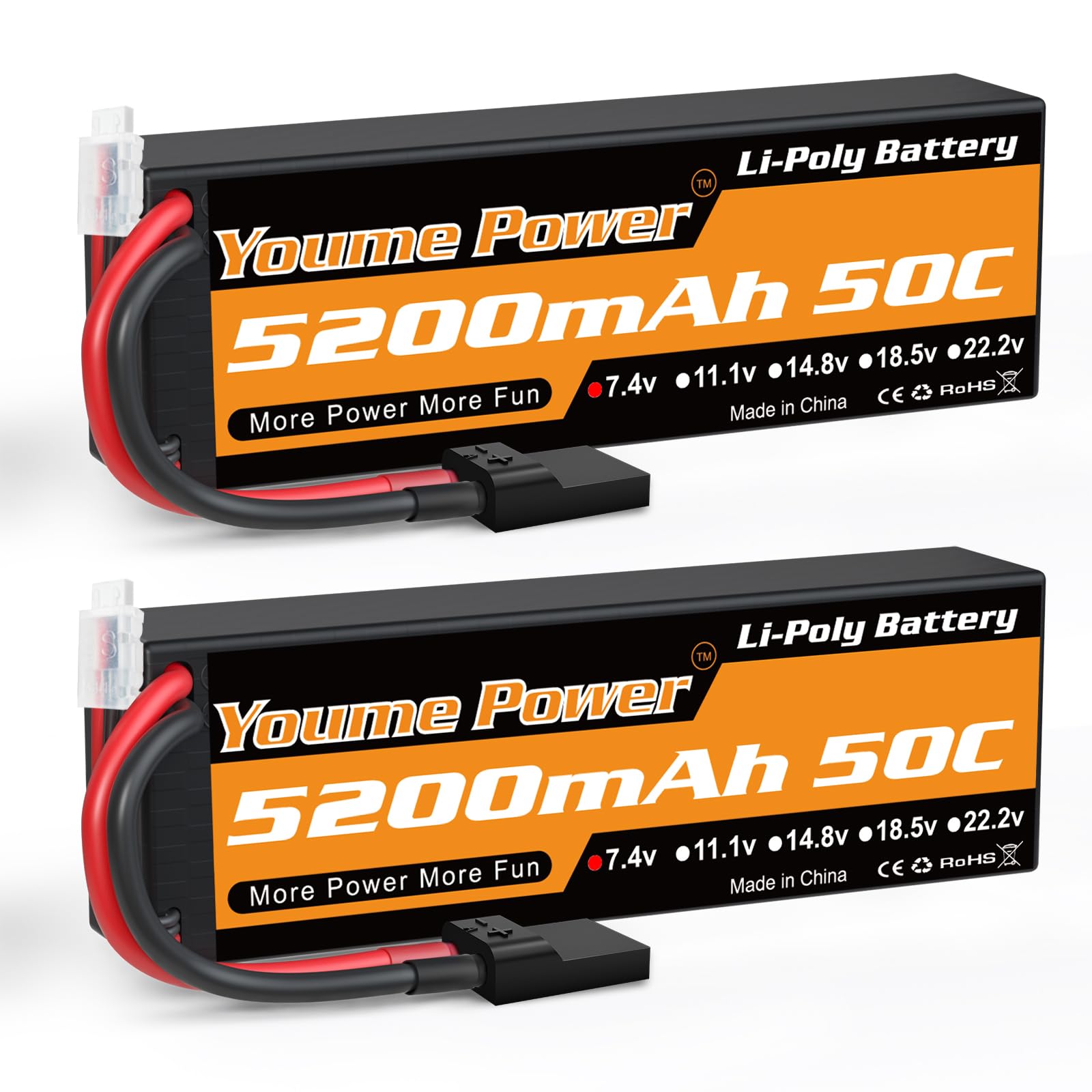 Youme 2S Lipo Battery 7.4V 5200mAh 50C Hardcase for RC Car Boat Drone 2pcs