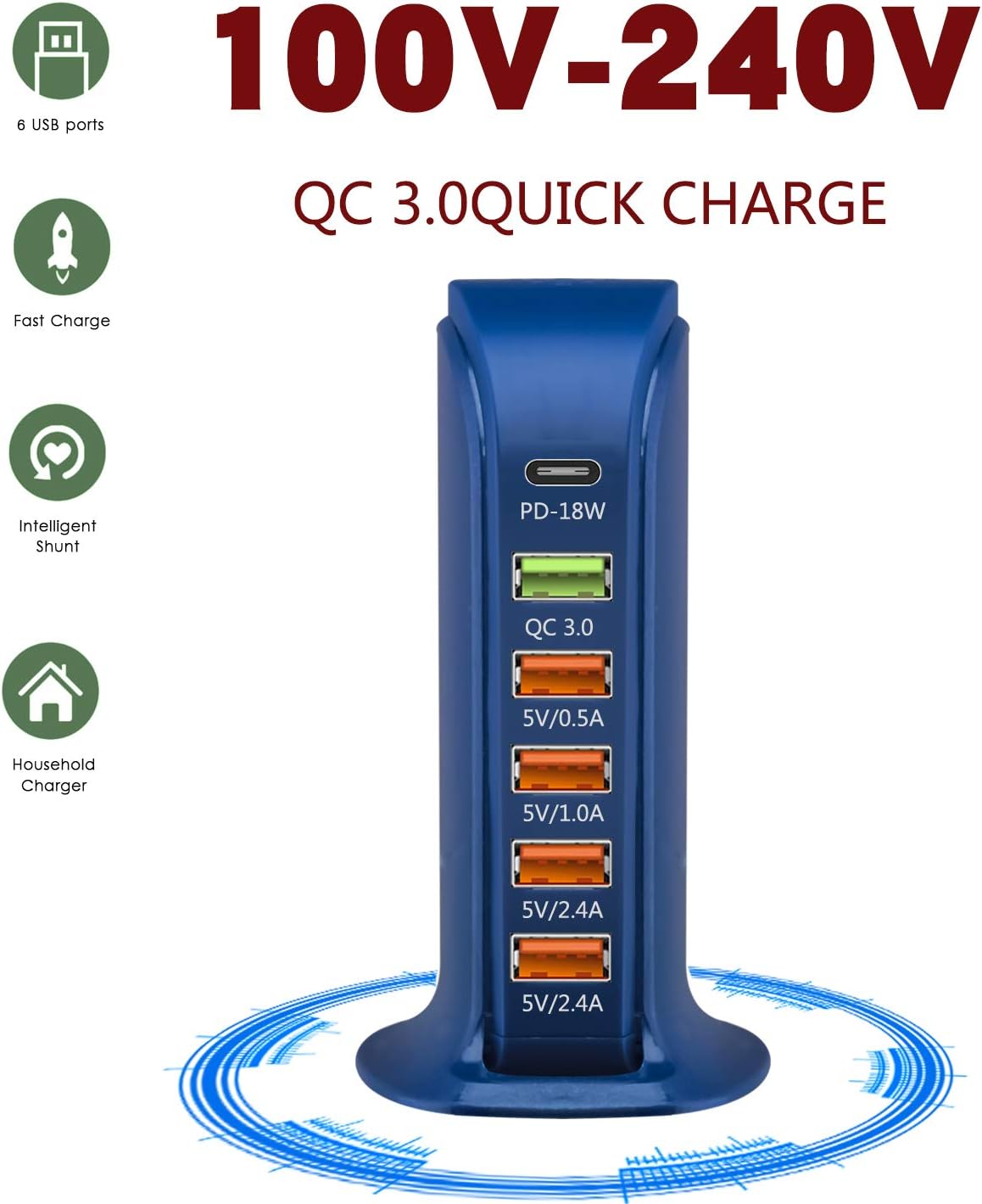 6-Port USB Desktop Charger, 6 Port USB HUB [Quick Charge QC3.0 + Type-C] Multi-Port Charger Hub,USB Charging Station with Fast IC Technology for Phones,Tablets Smartphones and More(Blue)