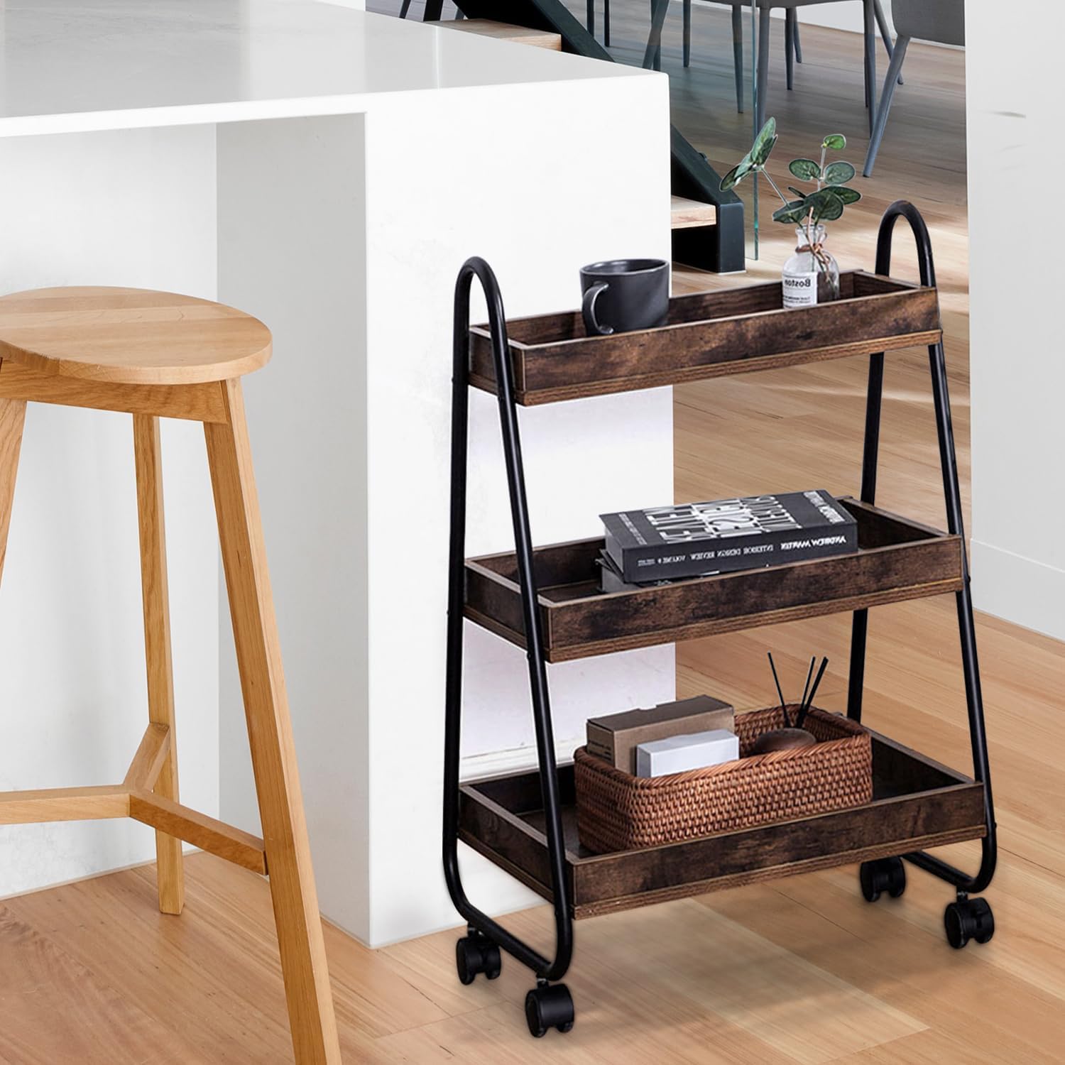 3-Tier Wood A-Frame Shelf with Wheels, Ladder shaped Steel Frame Mobile Storage Shelf for Small Space, Rustic Vintage Slim Rolling Cart Creative Trolley for Bedroom, Living Room, Study, Office (Black)