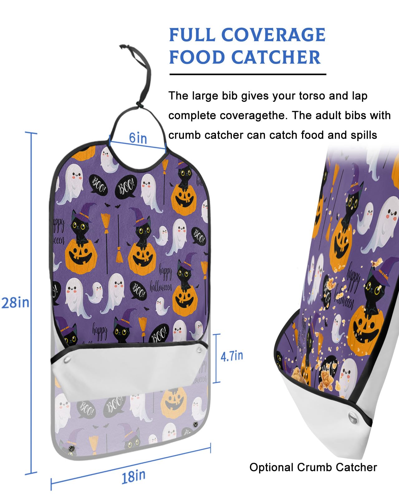 LEOKOTI Halloween Adult Bibs for Eating, Waterproof Bibs with Food Catcher & Adjustable Snap Closure, Purple Fall Pumpkin Black Cat Ghost Washable Clothing Protectors Adult Bibs for Elderly Women/Men