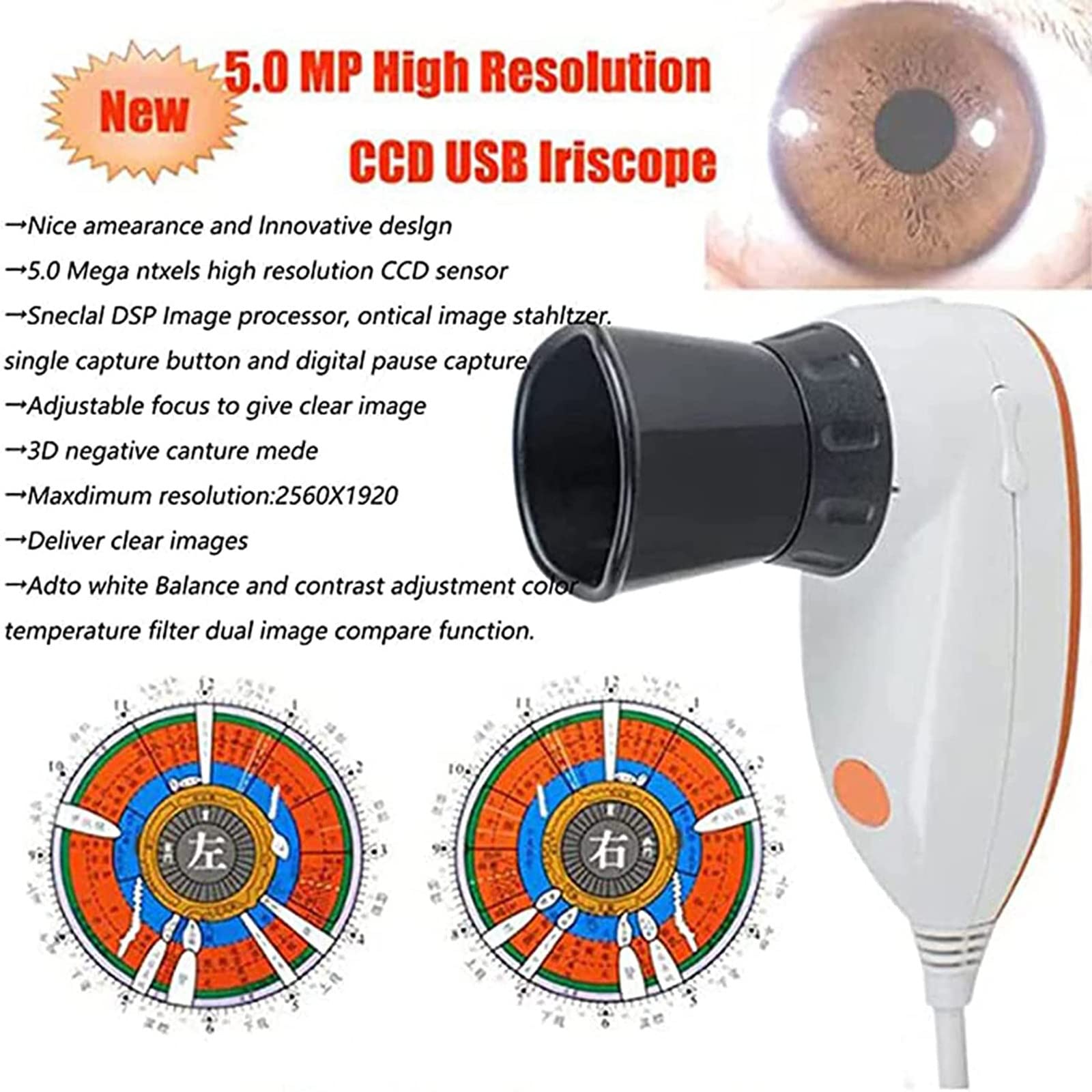 Caméra D'Ordinateur D'Iridologie,Analyseur De Lampe Gauche/Droitecaméra D'Ordinateur D'Iridologie D'Analyseur Usb2.0 Portable,Objectif D'Iris HD 30x