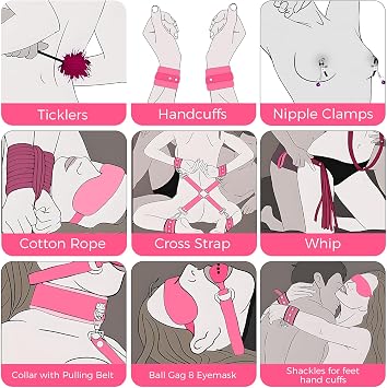 Couple Hand Bondaged for Grownups Bedroom Sx Tie up Set Women Faux Leather Whip for Adults Pink 10 Pcs Couple Sexy Accessories Kit for Couples Play Z01