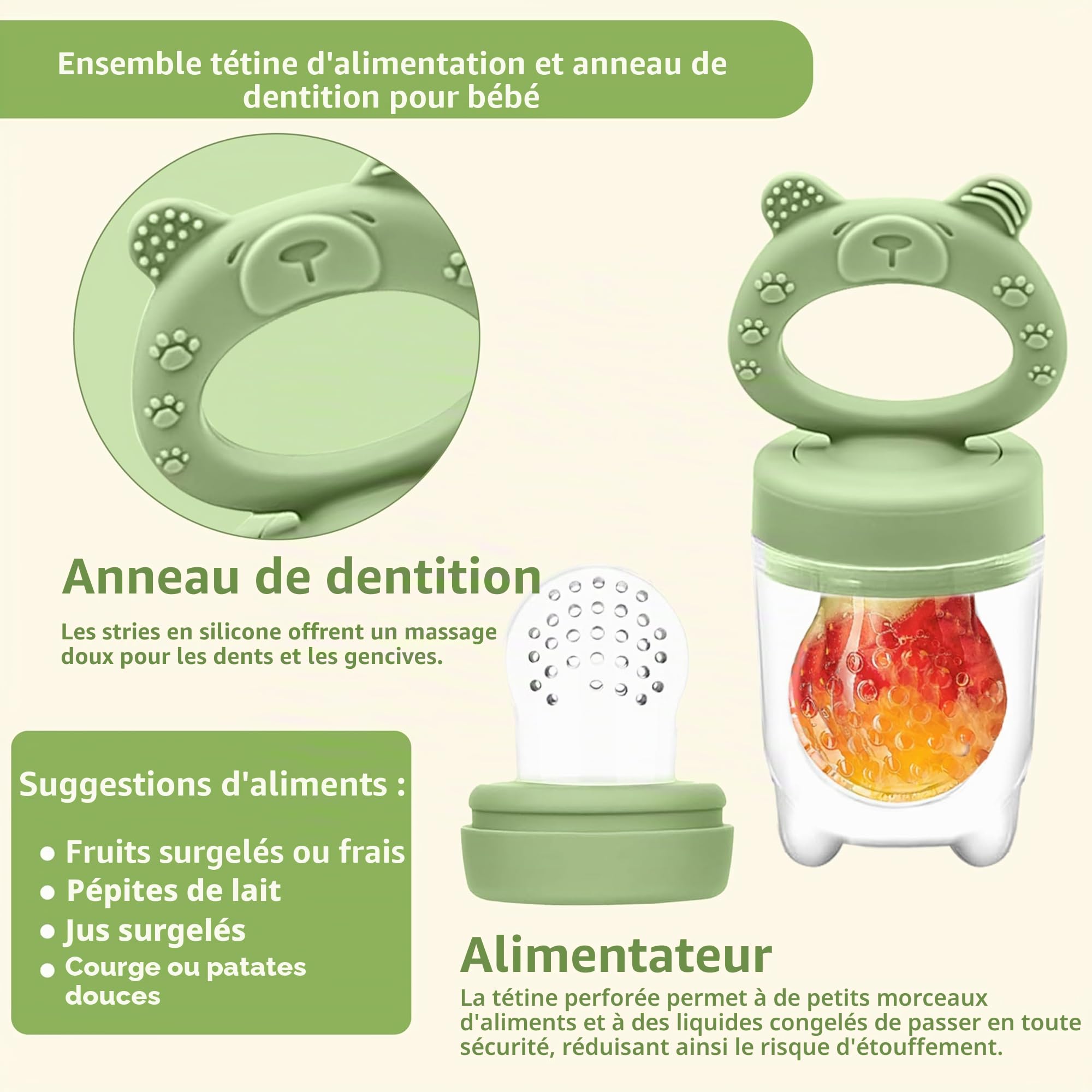 Grignoteuse Bébé - Kit de Distribution pour Bébé, Comprend 2 Tétines Alimentaires avec 3 Tétines de Tailles Différentes, Accessoire d'Alimentation en Silicone pour Bébé