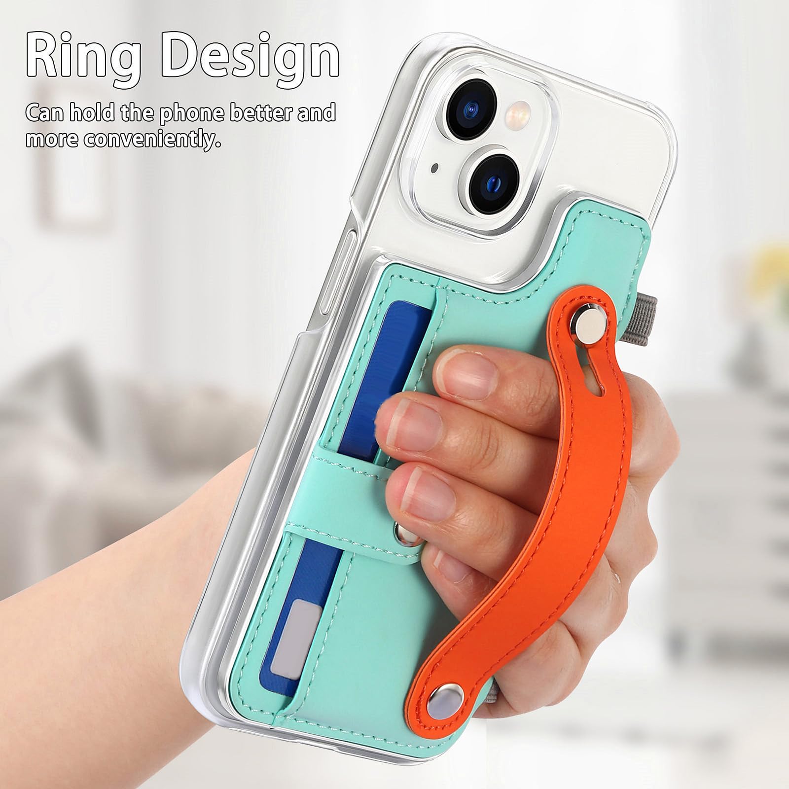 Skórzane etui do iPhone 15 Pro Max/15 Pro/15 Plus/15, stojak na nadgarstek, przezroczysta tylna obudowa, etui na karty, portfel, etui na telefon, fioletowy, 15Plus