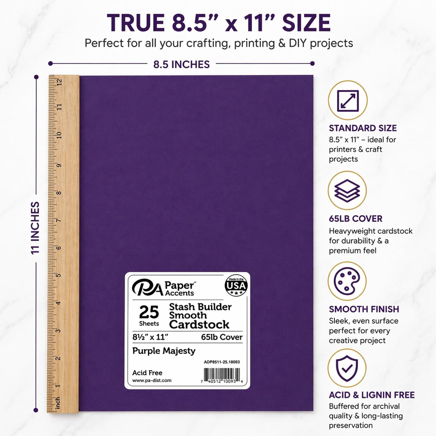 PA Paper Accents Stash Builder Cardstock 8.5" x 11" Purple Majesty, 65lb colored cardstock paper for card making, scrapbooking, printing, quilling and crafts, 25 piece pack