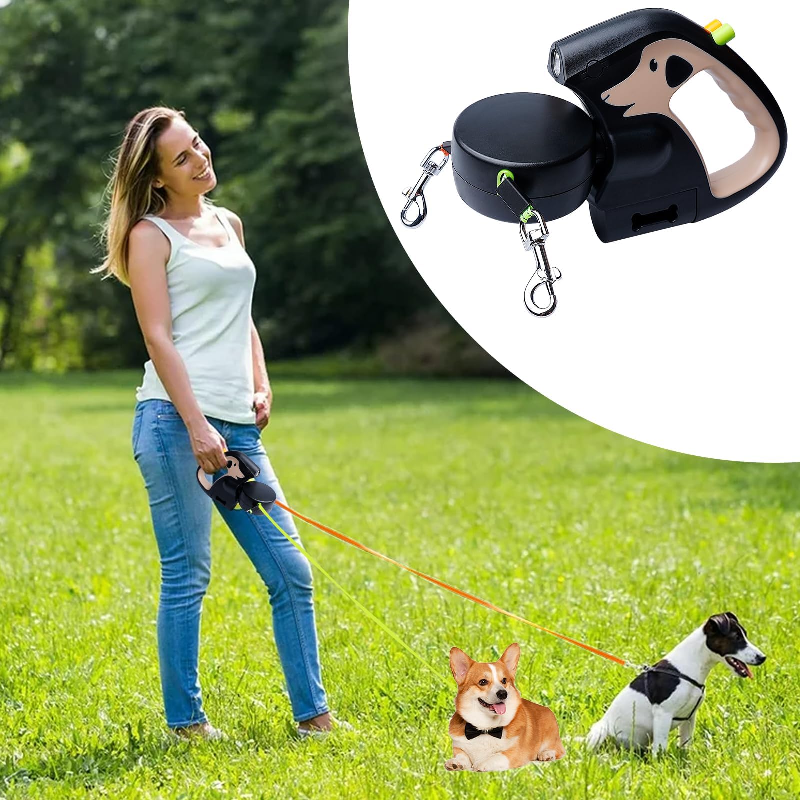 Correa para perros doble para 2 perros, 3 m, correa para perros con luz, doble retráctil, rotatorio de 360°, mango antideslizante, para perros pequeños y medianos