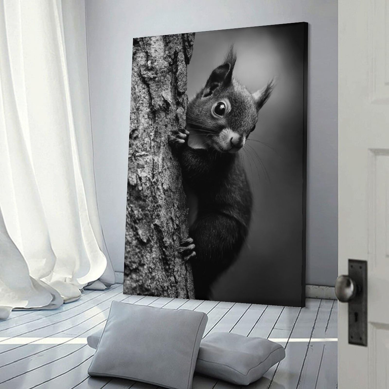 Junmoney Squirrel on Tree Trunk Canvas Wall Decor, 12x18inch(30x45cm), for Gallery Wall Decor And Room Displays, Wall Decor Suited to Curated Displays