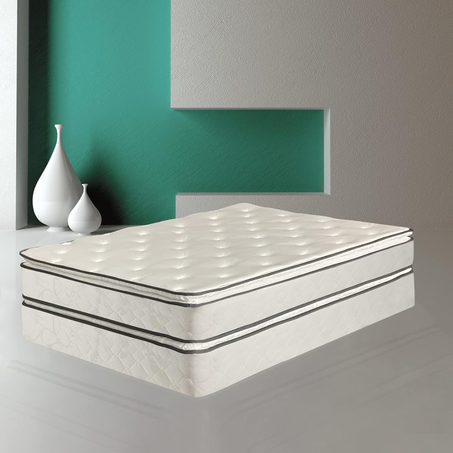 Greaton 1inch Pillow Top Foam Mattress with 8inch Box Spring Set, Premium Medium