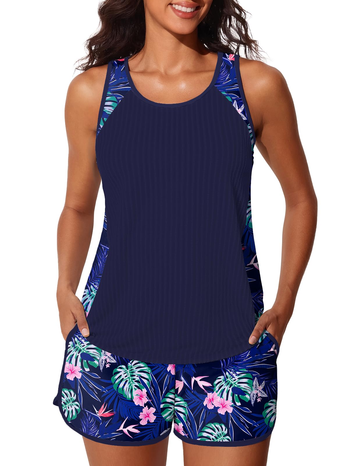Summer Mae Modest Tankini Swimsuits for Women 2025 Textured Ribbed Bathing Suits Tummy Control Swim Shorts with Pockets