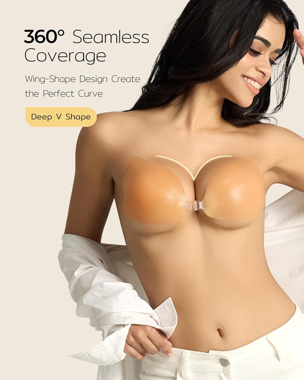 Niidor Sticky Bra Strapless Silicone Adhesive Push Up Invisible Backless Bra for Women with Nipple Covers Wing-Shape Pink - Image 5