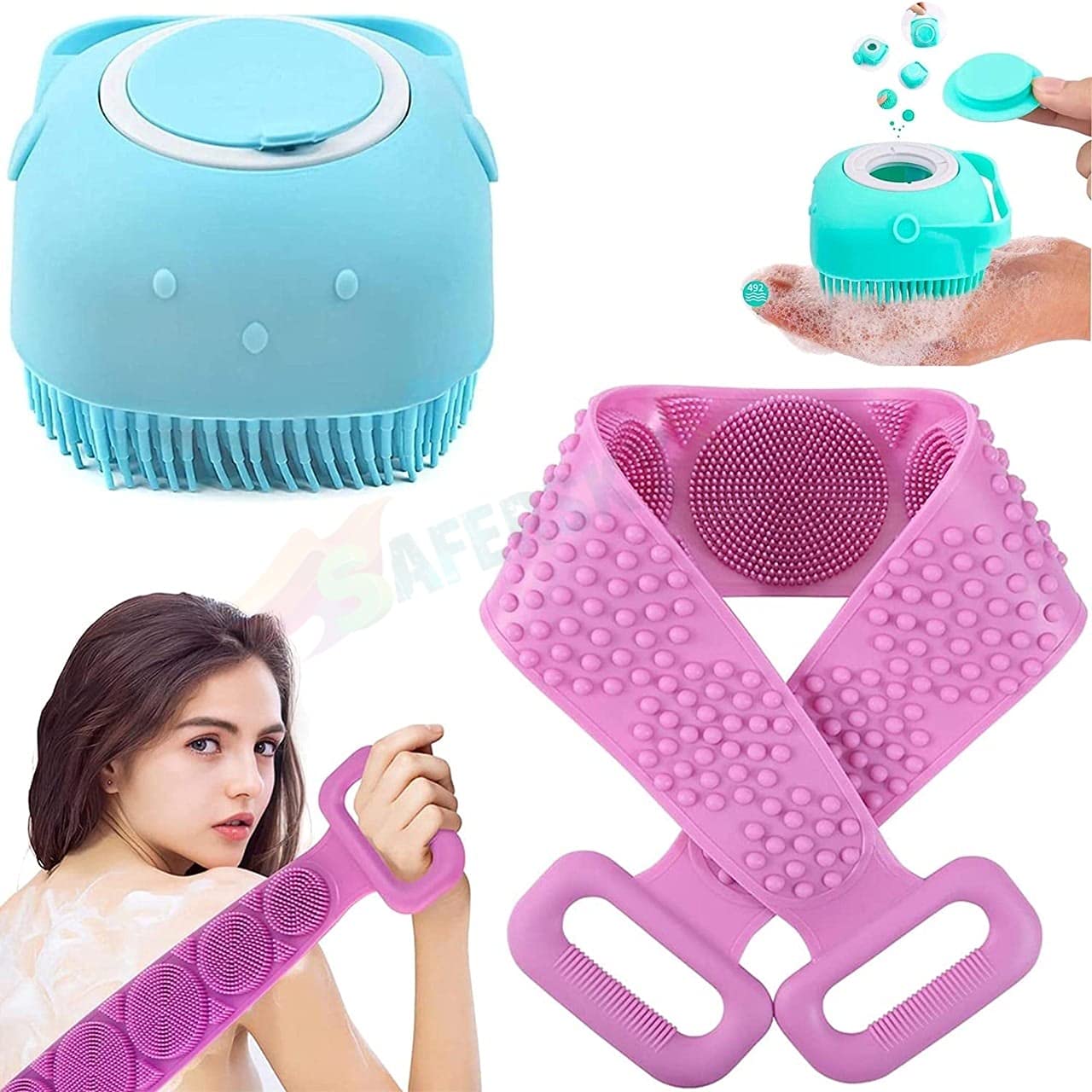 SAFERSKY 2 Pcs Combo Silicone Soft Bath Body Brush Shampoo Dispenser Plus Back Scrubber Body Cleaning Gentle Massage Exfoliation Kids Men Women use in Shower Scrub (Multicolor) (2 Pcs Combo)-image-26