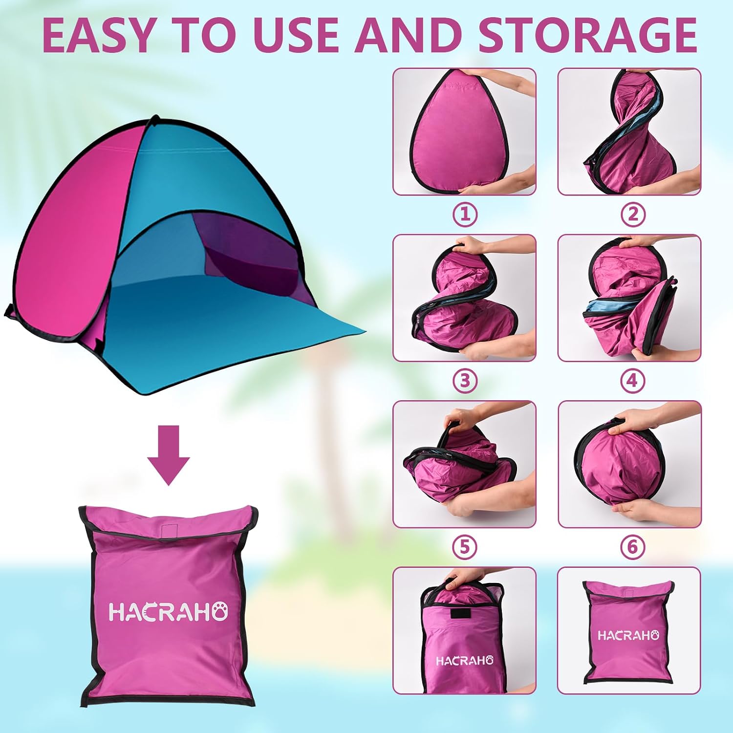 Beach Sun Shelter, 1 Pack Automatic Instant Beach Tent Waterproof Beach Tent Sun Shelter for Outdoor Camping Picnic, Pink