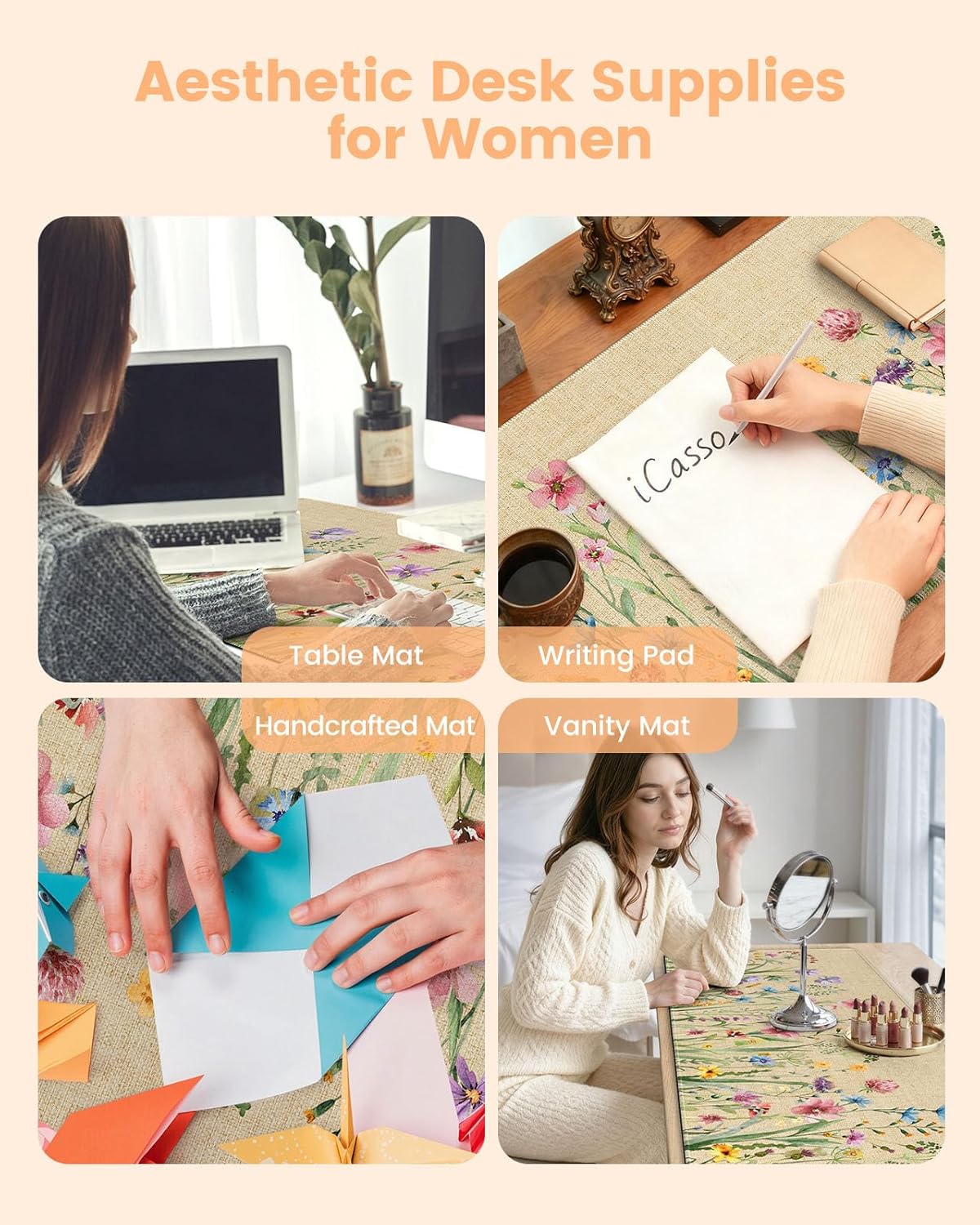 iCasso Desk Cover Mat, Extra Large Floral Mouse Pad, Desk Pad Mat,Office Matt for Desktop Protector, Anti-Slip XXL Big Mousepad with Stitched Edges for Laptop Computer Keyboard(Beige) - Image 7