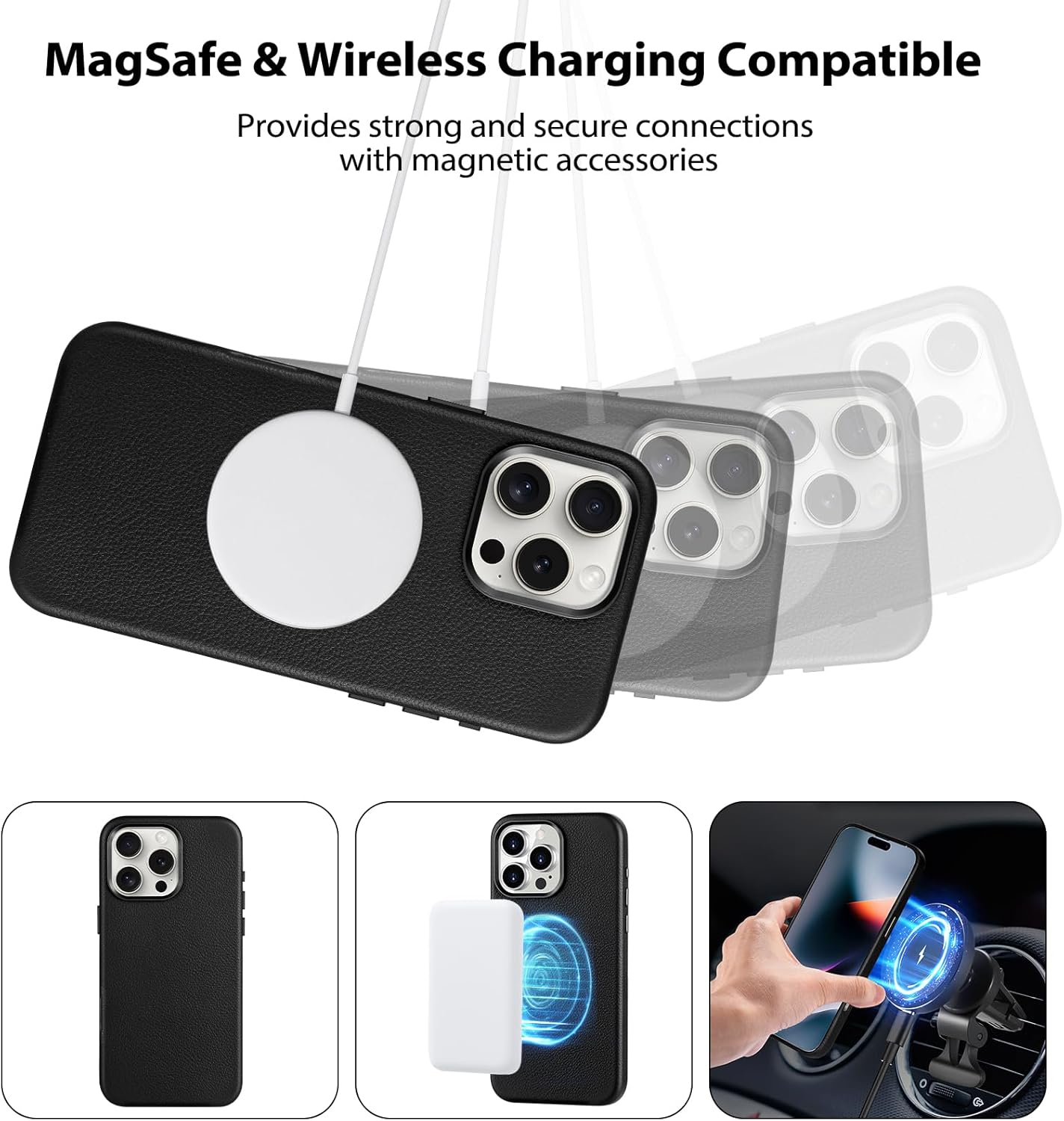 Belemay Compatible with iPhone 16 Pro Leather Case, Compatible with MagSafe, Premium Tumbled Leather, Metal Buttons & Camera Bump Frame, Slim Fit&Durable, Distinctive Texture Cover (6.3") Black