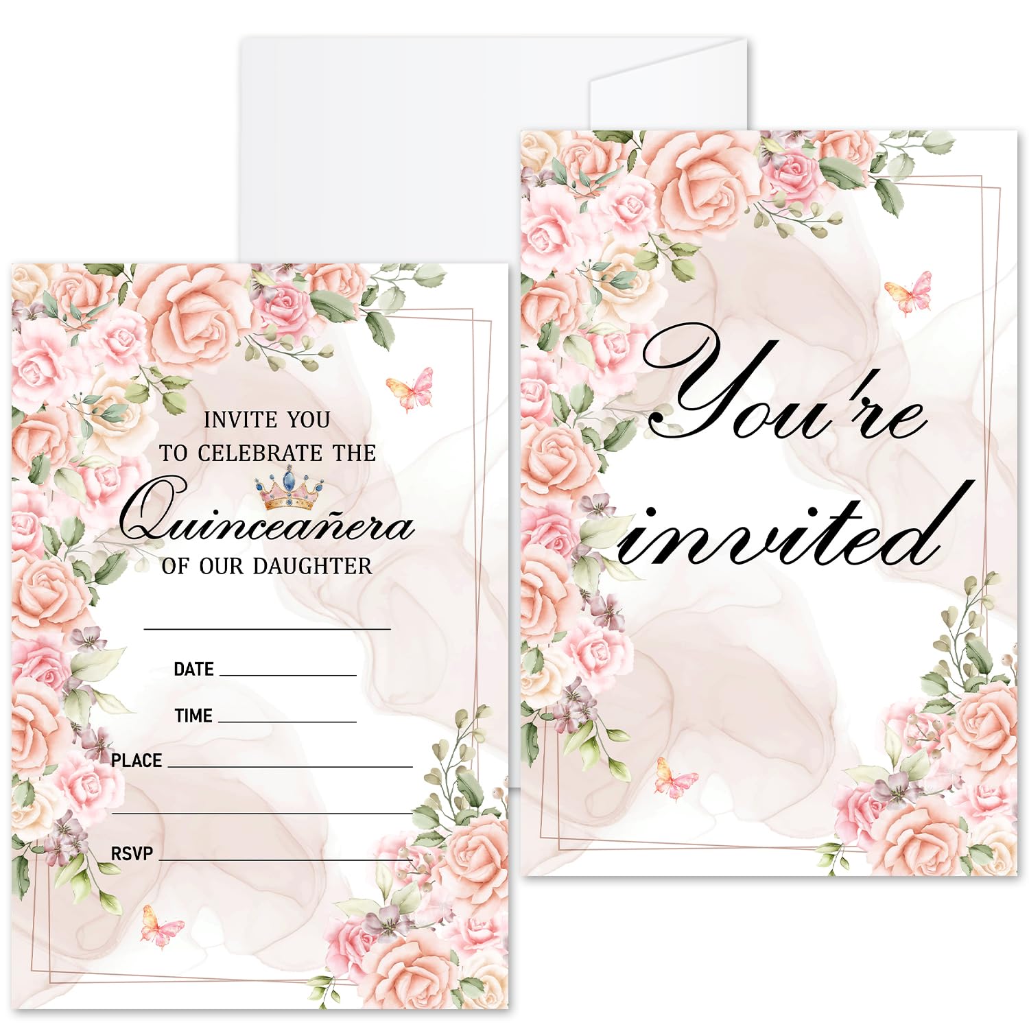 ZSHFMY Birthday Invitations Cards For Girls, Quinceanera Invitations 15th Birthday Party Invitations, 20 Pink Floral Party Invitation Cards With