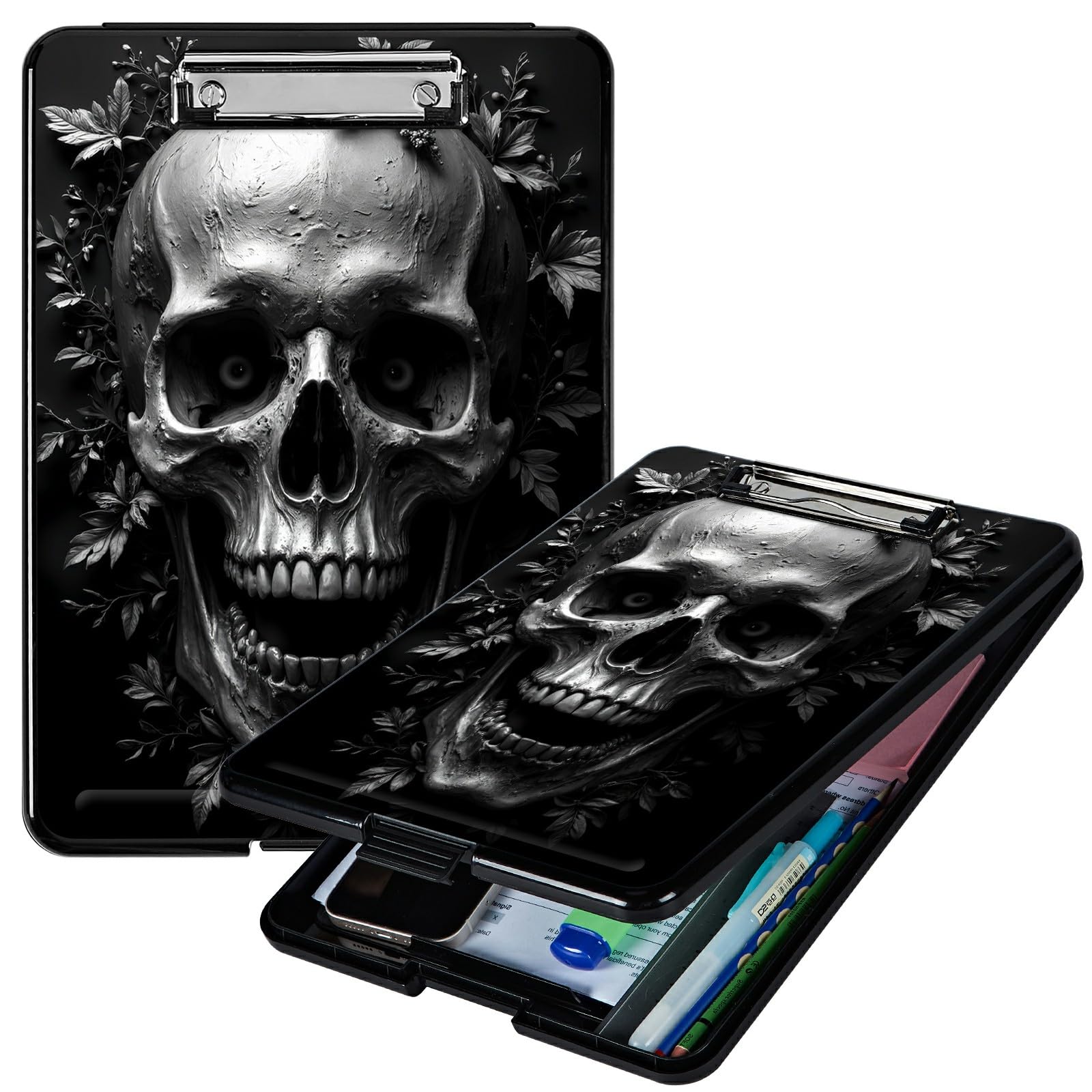 RWUTYTIUL Heavy Duty Storage Clipboard, Slim Nursing Clipboard with Internal Pen Case, Portable File Organizer Case for A4 Letter Size Paper Office Medical Professionals, Dark Skull