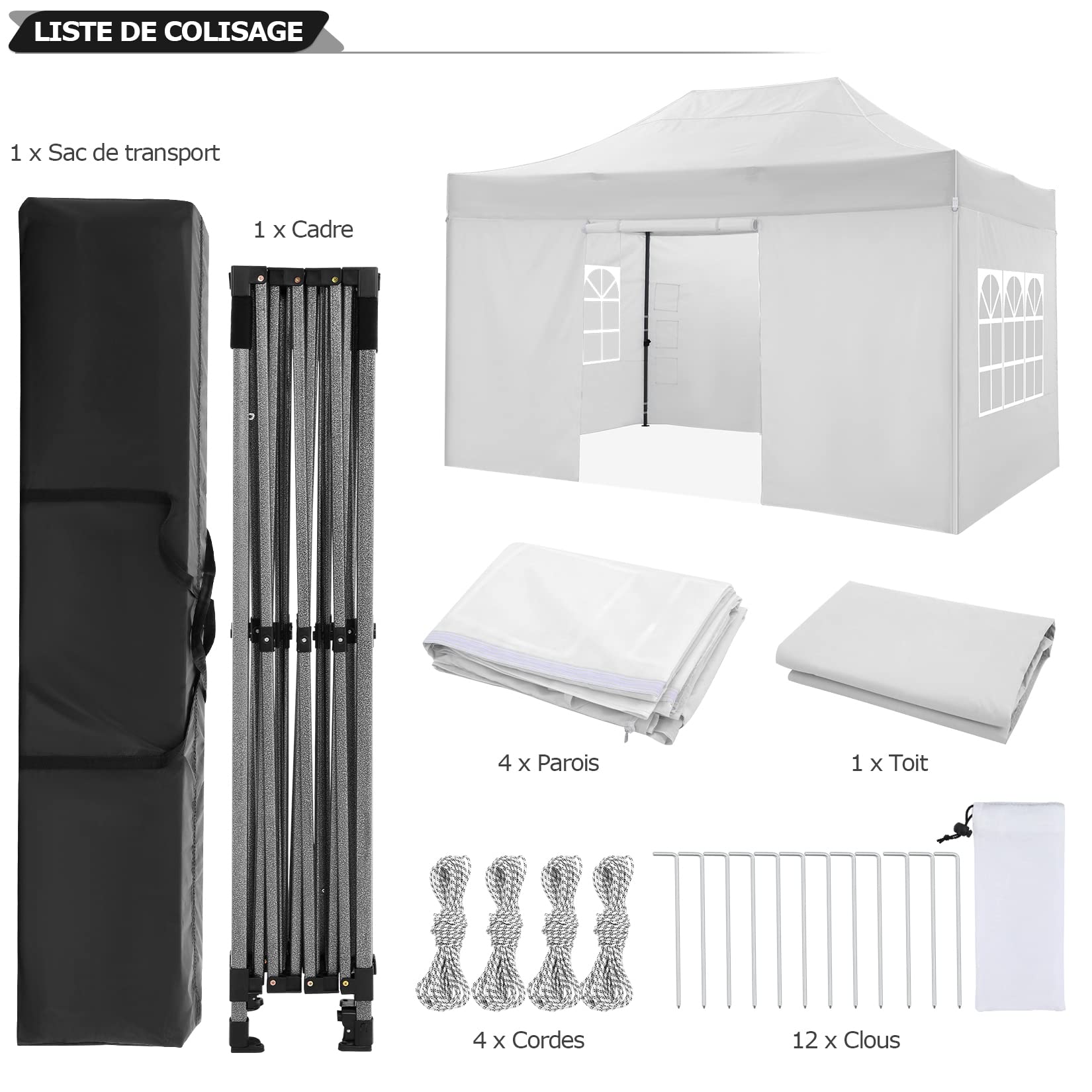 COBIZI Tonnelle Pliante 3x4,5 Imperméable,Barnum Pliant(Blanc avec Parois) | Tonnelle de Jardin Exterieur avec Parois Latérales,Tonnelle Pop Up,Anti UV Tente pour Plage Terrasse Camping,Tente sac Inclus