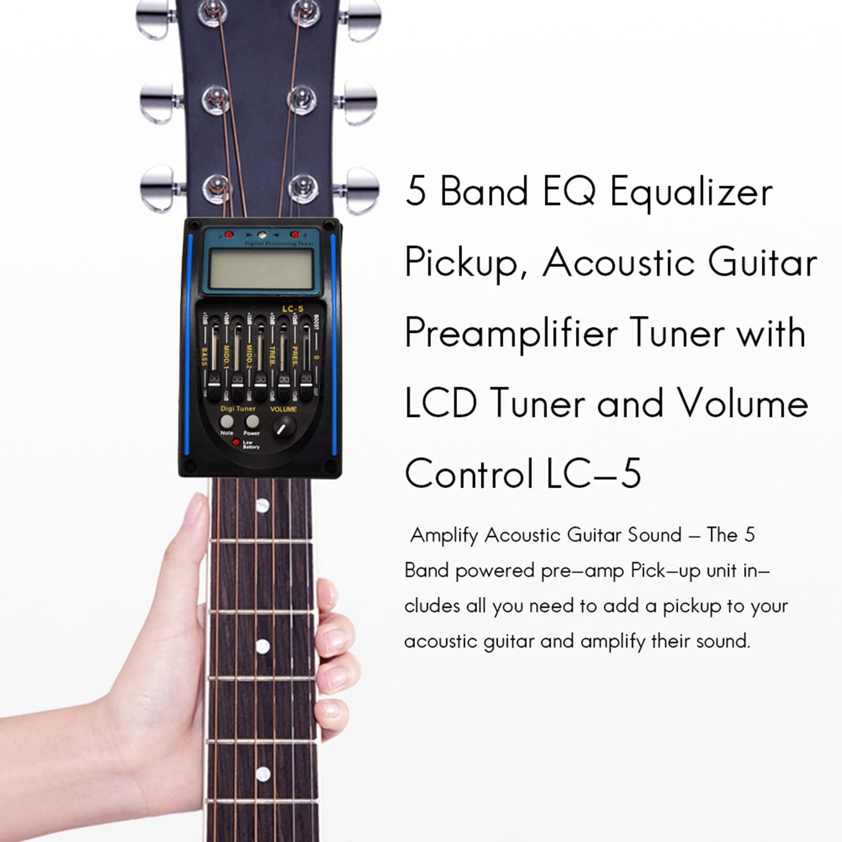 5-Band Equalizer Tonabnehmer Akustik Gitarren Vorverstärker Tuner mit LCD Display und Lautstärke Regler LC-5, Schwarz