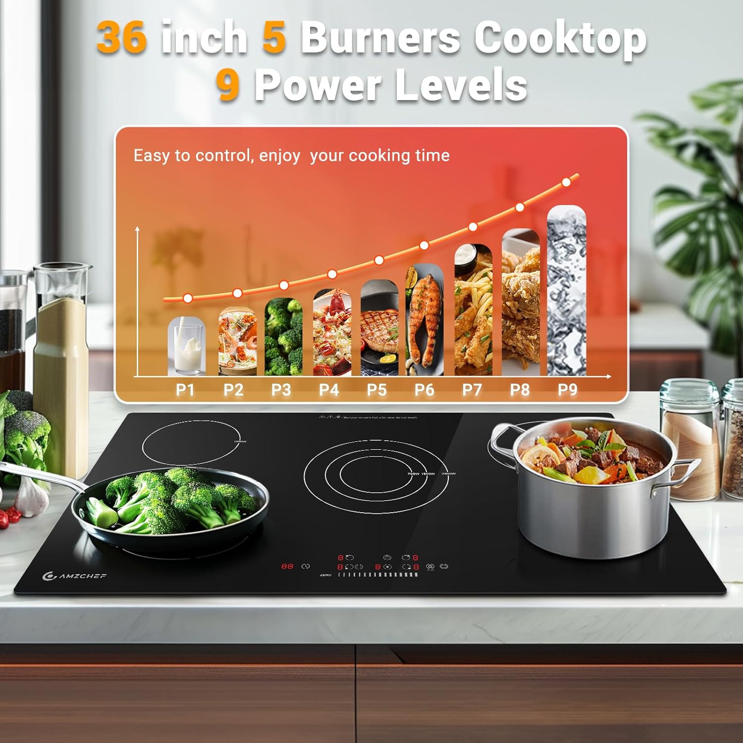 AMZCHEF 36 Inch Electric Cooktop 8900W: 5 Burner Built-in Electric Stove Top with 9 Power Lever, 2 High-Efficiency Burners Timer, Touch Control&Safety Function, Ceramic Stove for Kitchen