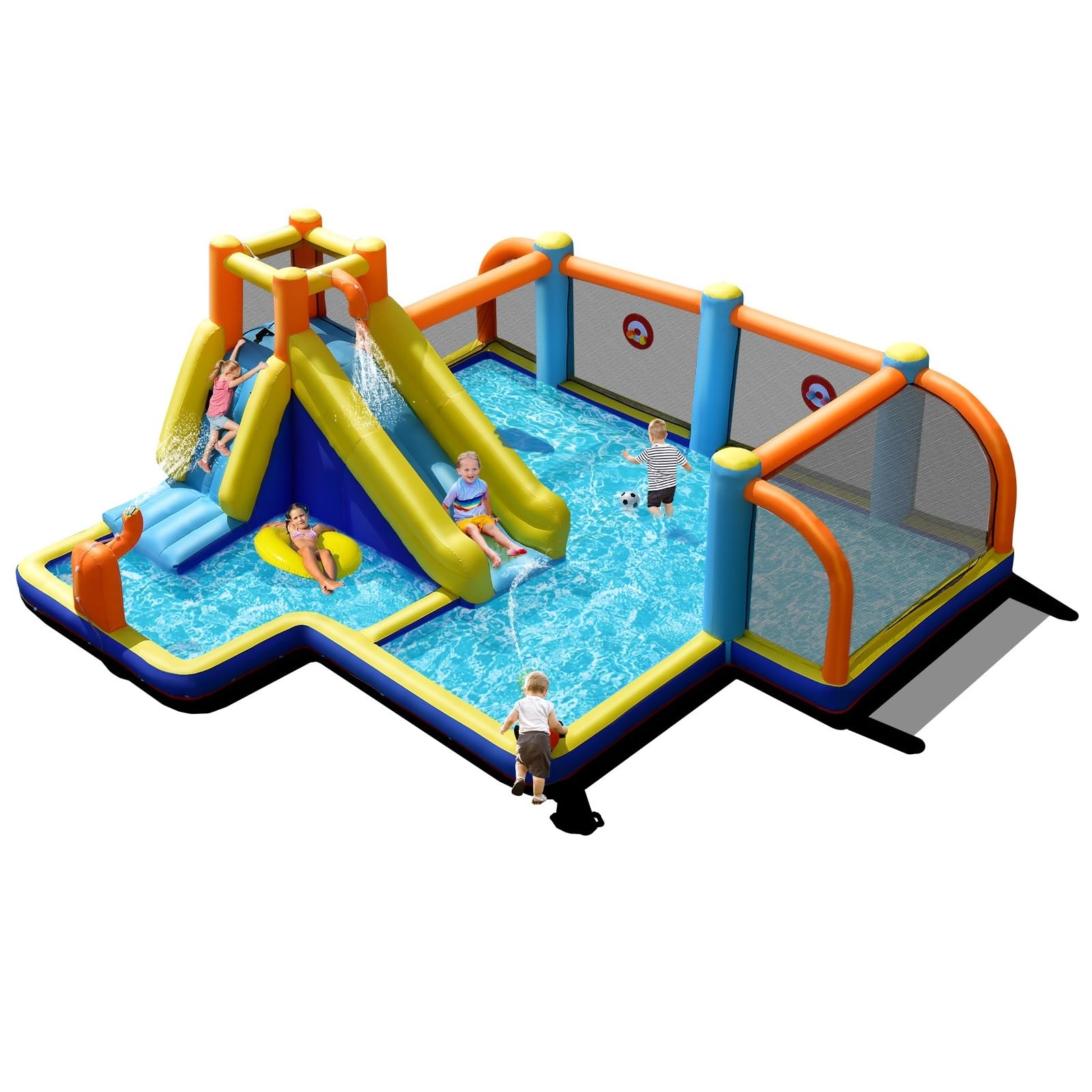 OLAKIDS Inflatable Water Slide, 8 in 1 Bounce House Water Park with Soccer Goals Splash Pool Climbing Wall Water Guns Target Game, Outdoor Inflatable Obstacle Course for Kids Backyard (without Blower)
