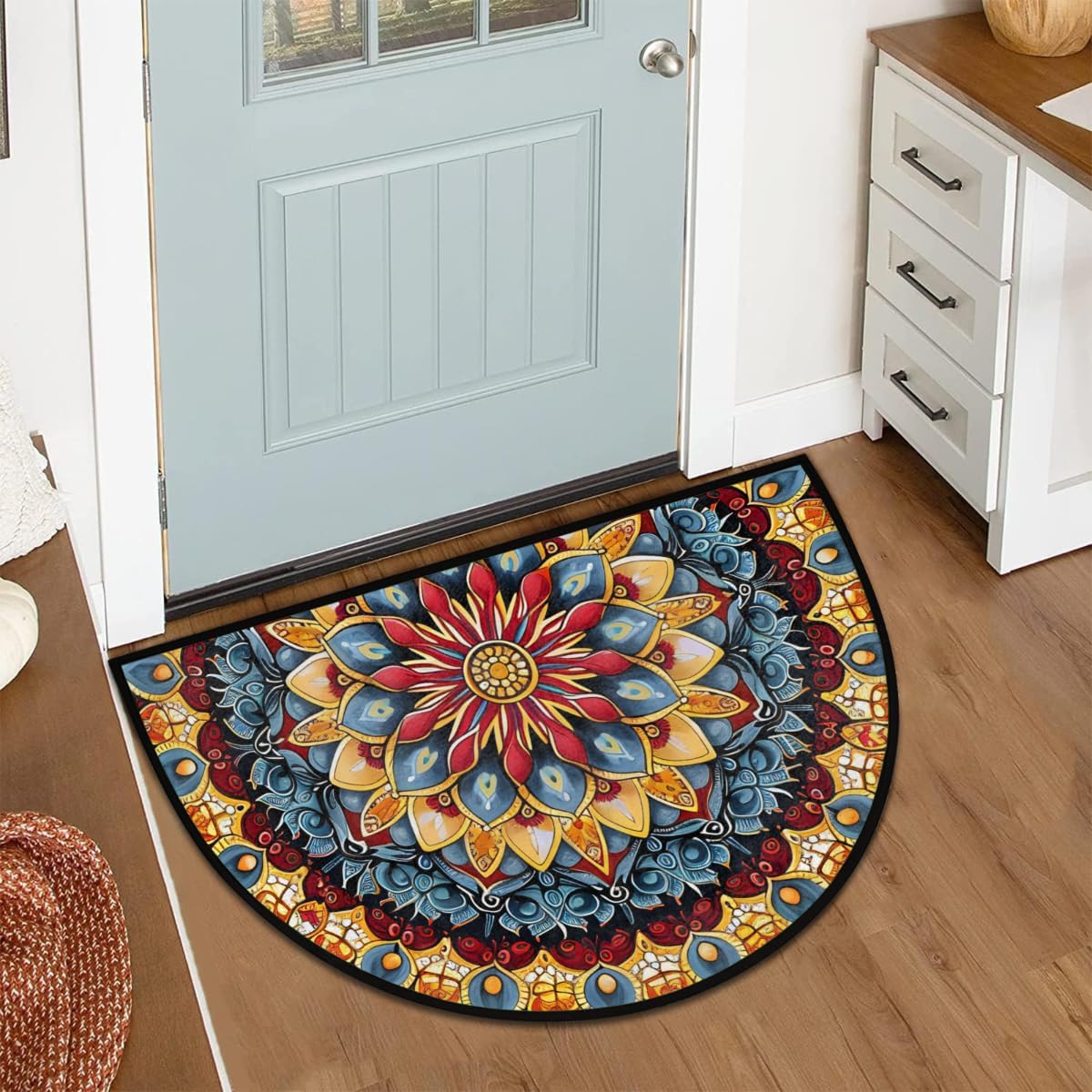 Front Door Mat Indoor Outdoor Entrance, Boho Mandala Flower Floral Half Round Door Mat Absorbent Non-Slip Backing Welcome Doormat Patio Entryway Low Profile Floor Mats for Kitchen Fireplace 36" x 24"