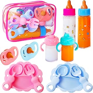 Woozettn 13-Pc Magic Baby Doll Feeding Set - Disappearing Milk/Juice Bottles, Pacifiers, Bowls, Spoons for Girls Pretend Play