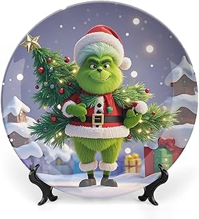 Grinch Holiday Printed Bone China Decorative Plate with Display Stand Ceramic Wall Decor Plates Porcelain Dishes Dinner Plates Art Crafts Ceramic Ornaments 6inch