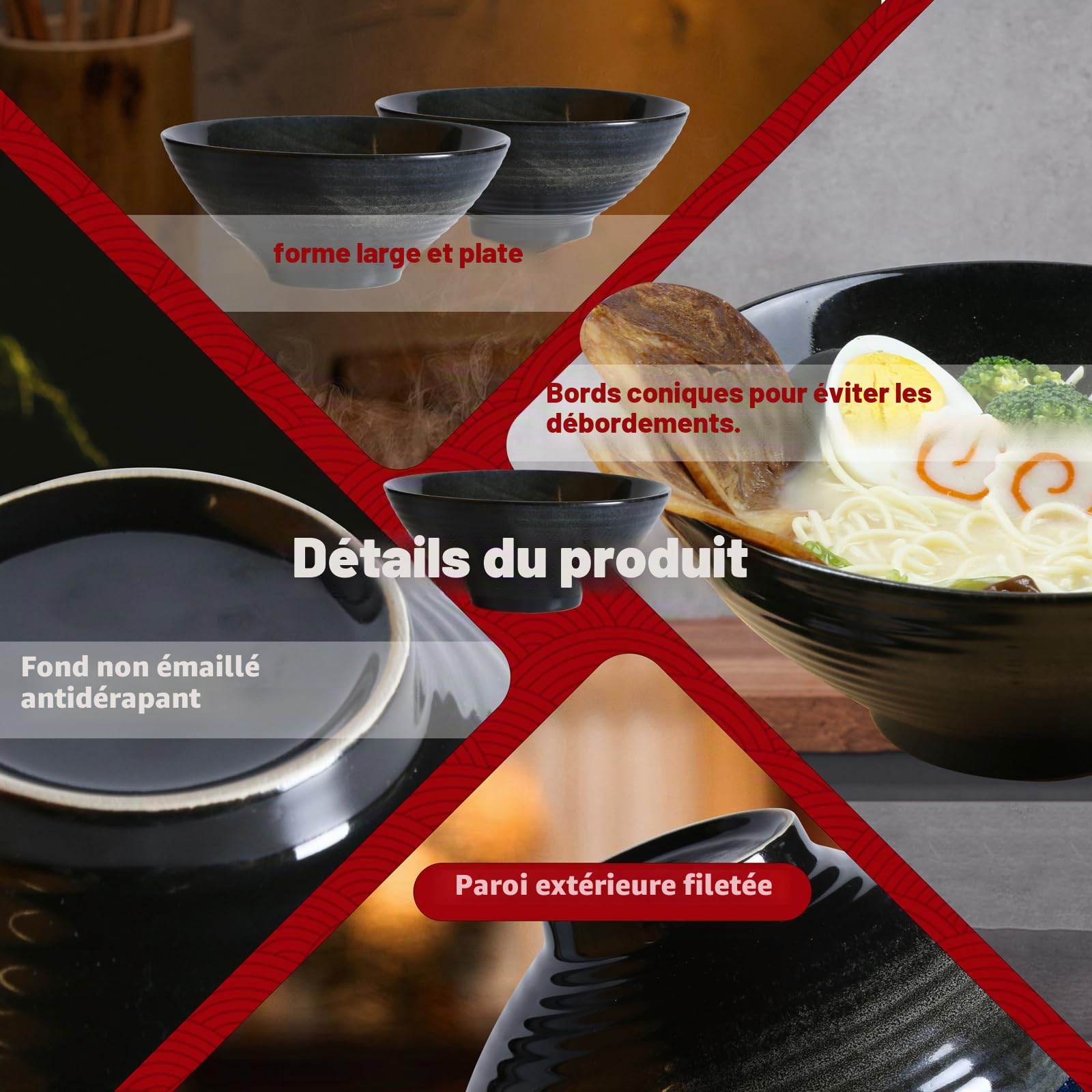 Lot de 2 bols à ramen japonais en céramique avec baguettes et cuillère, style asiatique en porcelaine, saladier, bol à soupe instantanée, 1200 ml, noir