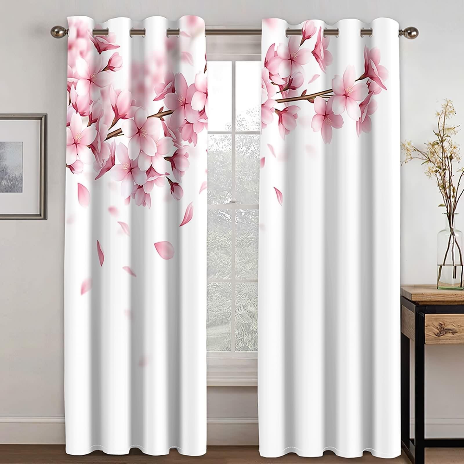 Gardine Wohnzimer, Verdunkelungsvorhang Vorhänge Rosa Weiß Polyester Rosa Blumen Dekoration 2er Set B 214 x H 183 cm