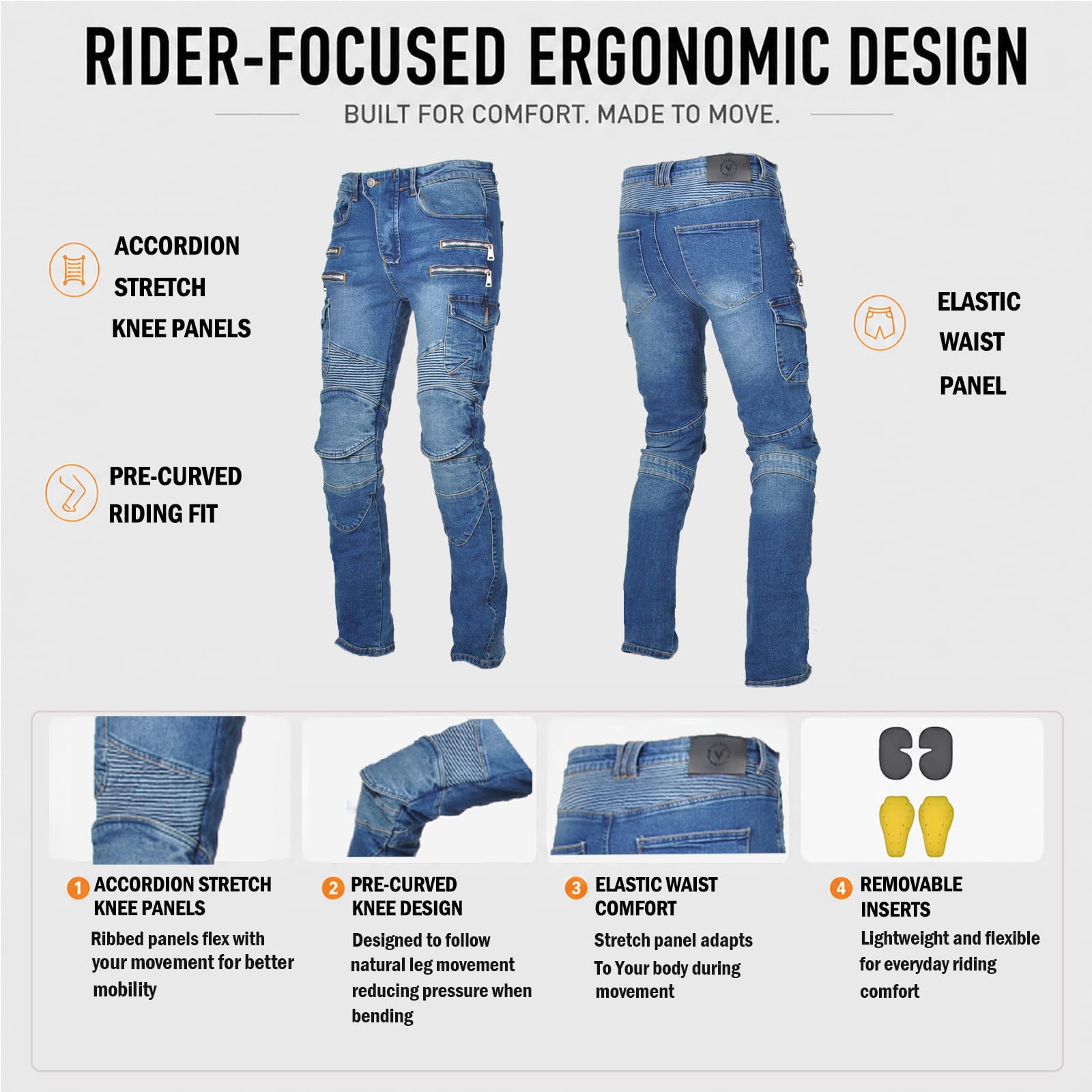 Motorradhose Herren Jeans, Motorrad Jeans Herren Stretch Denim, Cargo Biker Hose Männer, Vorgeformter Schnitt, Mehrere Taschen, Urban Motorradbekleidung 4 Jahreszeiten
