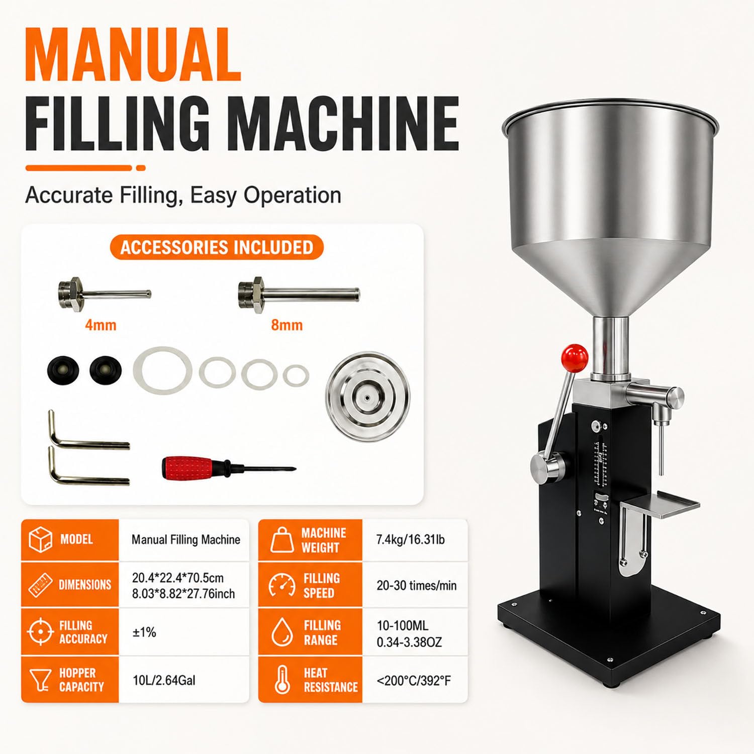 Llenadora Manual Inoxidable 0,34-3,38 FL oz líquidos pastas | Tolva de 10 litros con sistema antigoteo, ideal para miel, crema, salsas, cosméticos y alimentos