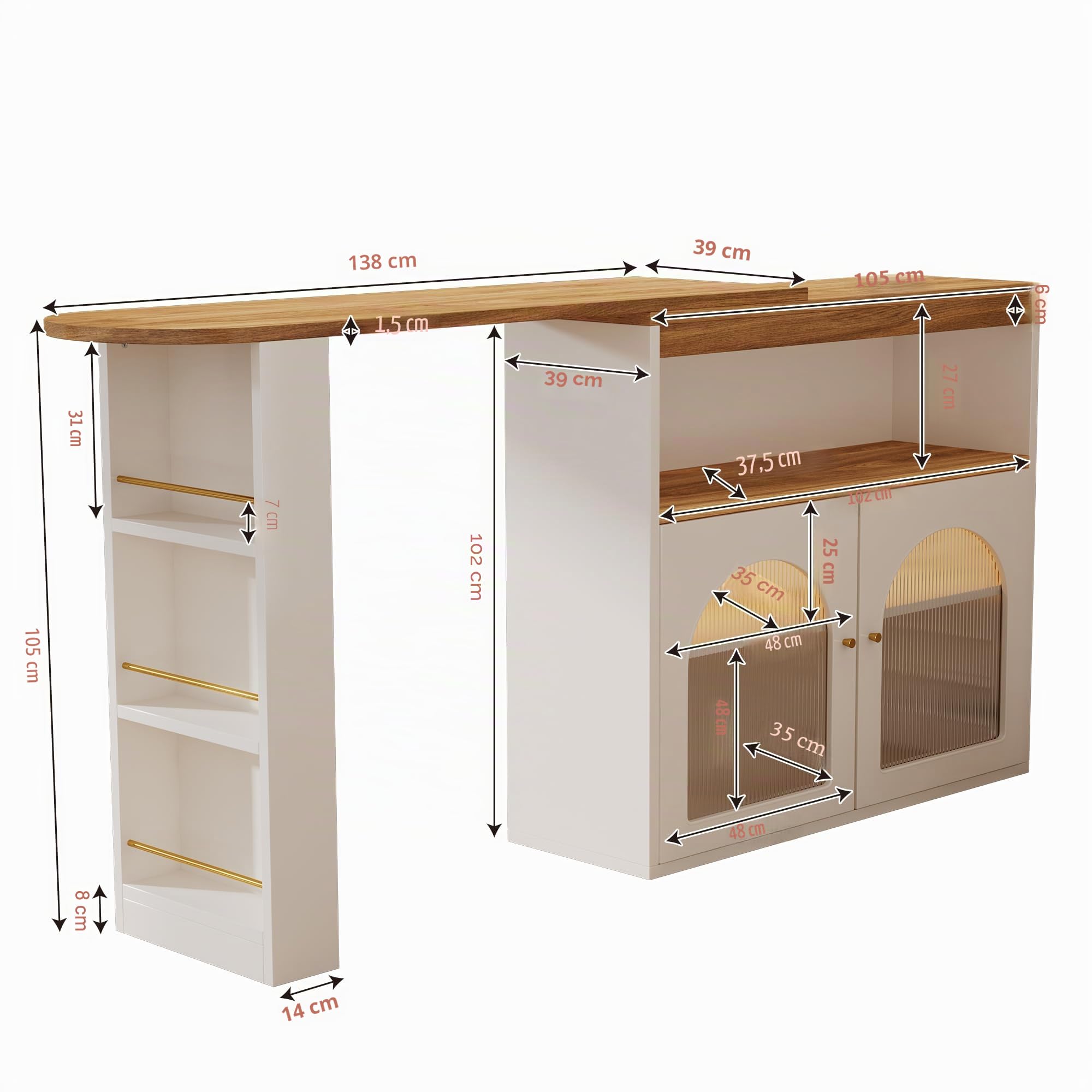 sogesfurniture Tavolo da bar allungabile con ampio spazio di archiviazione, tavolo da bistrot con tavolo girevole, 3 ripiani, 138-193 x 39 x 105 cm