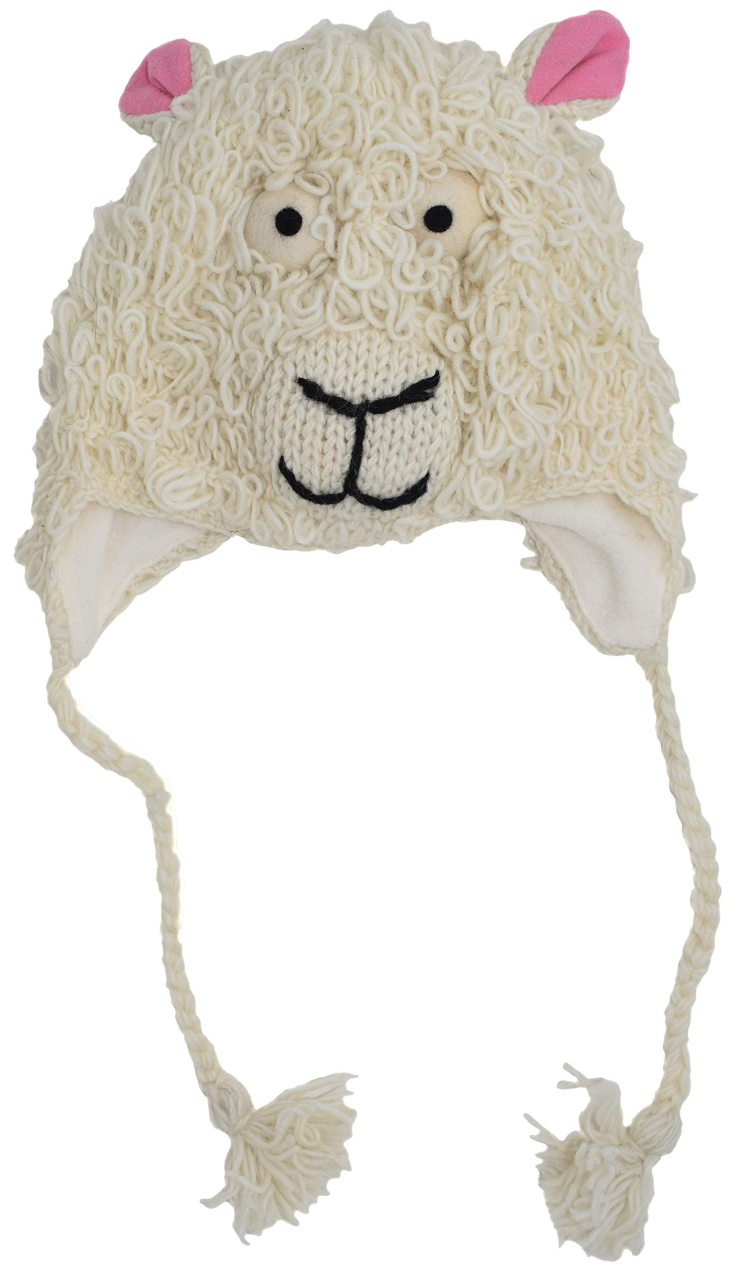 Woollen Handknitted Fleece Lined Trapper Farm Animal Hat White Sheep