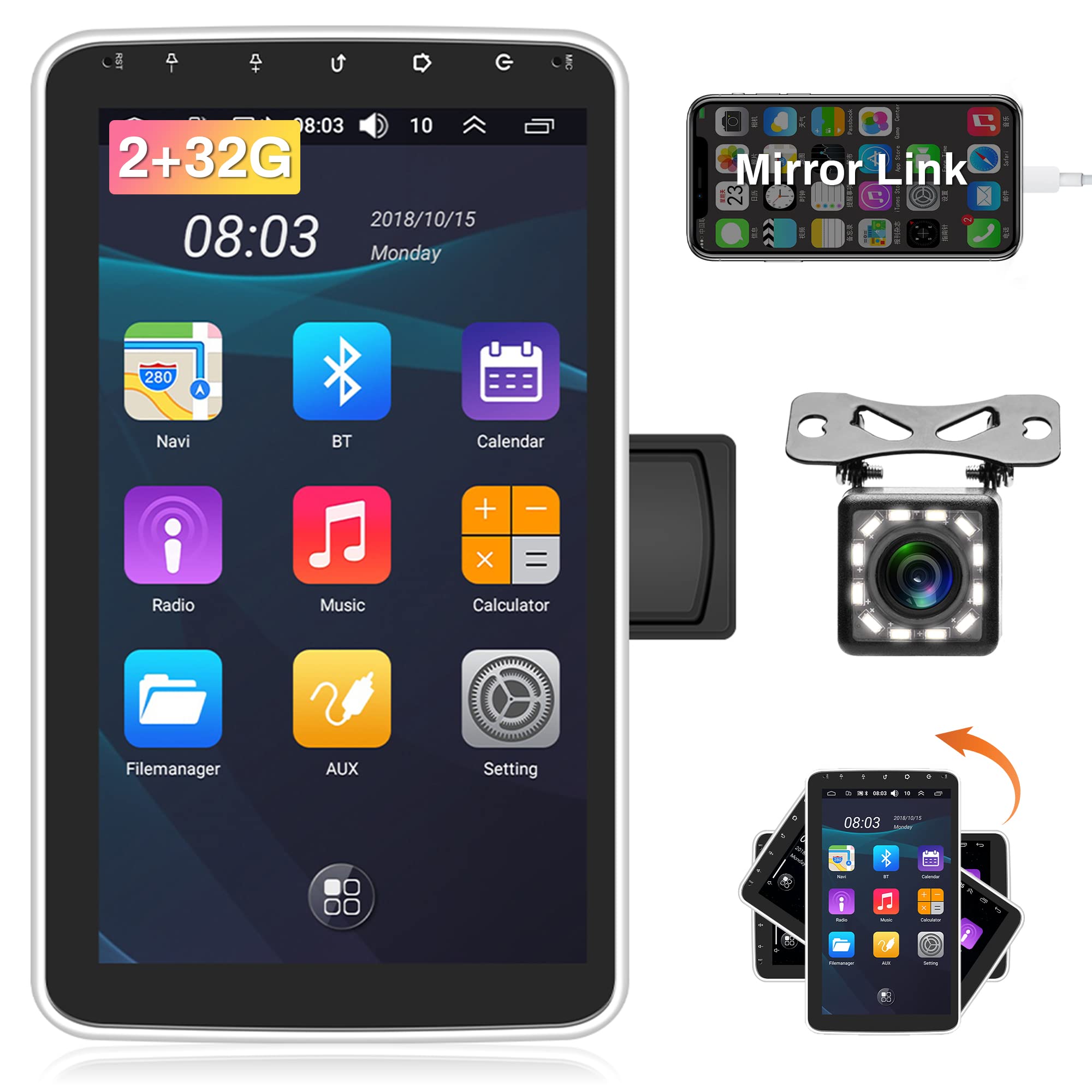 2G 64G Single Din Android Car Stereo Touchscreen with Bluetooth, Rimoody 10 Inch Vertical Screen 1 Din Android Car Radio with WiFi GPS FM Mirror Link Backup Camera