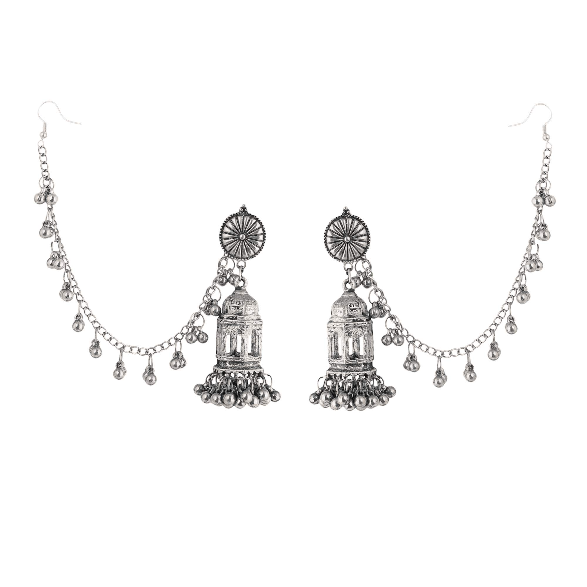 Shreyadzines Oxidized Polish Handmade Temple Design Bahubali Style Jhumka Jhumki Earrings with Hair Chain for Women and Girls (Silver) (B08TSX31B2) Amazon Price History, Amazon Price Tracker